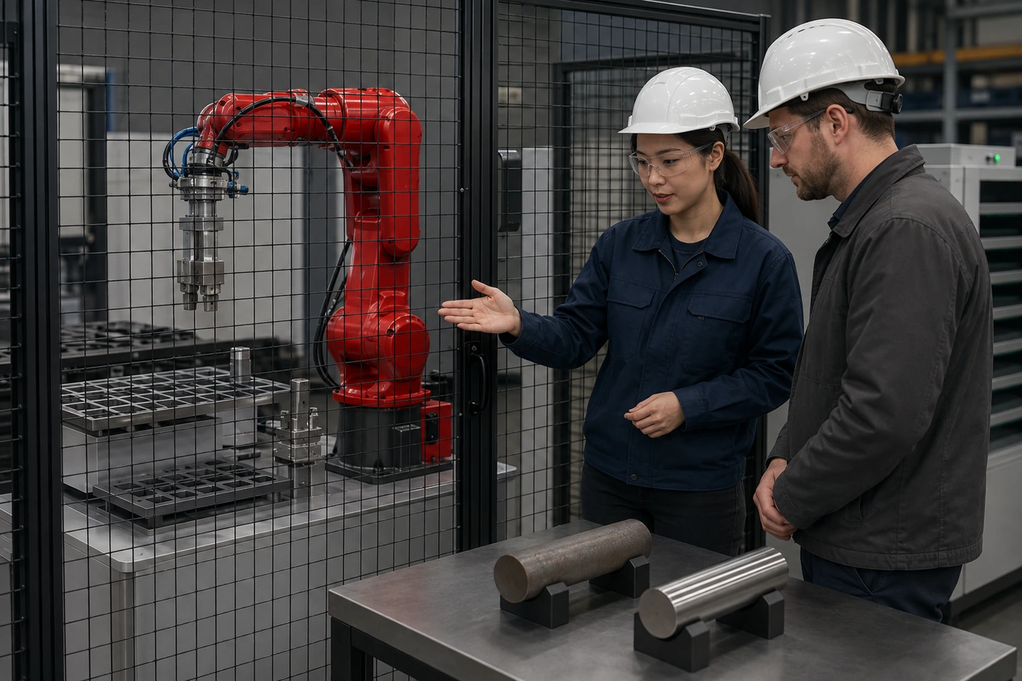 Application scene visualization of fully generated, non-specific China-based factory staff and adult international visitors reviewing a six-axis wrist, adapter, complete gripper, sensor housings, routed hoses and cables, and separate supported blank and finished-part examples