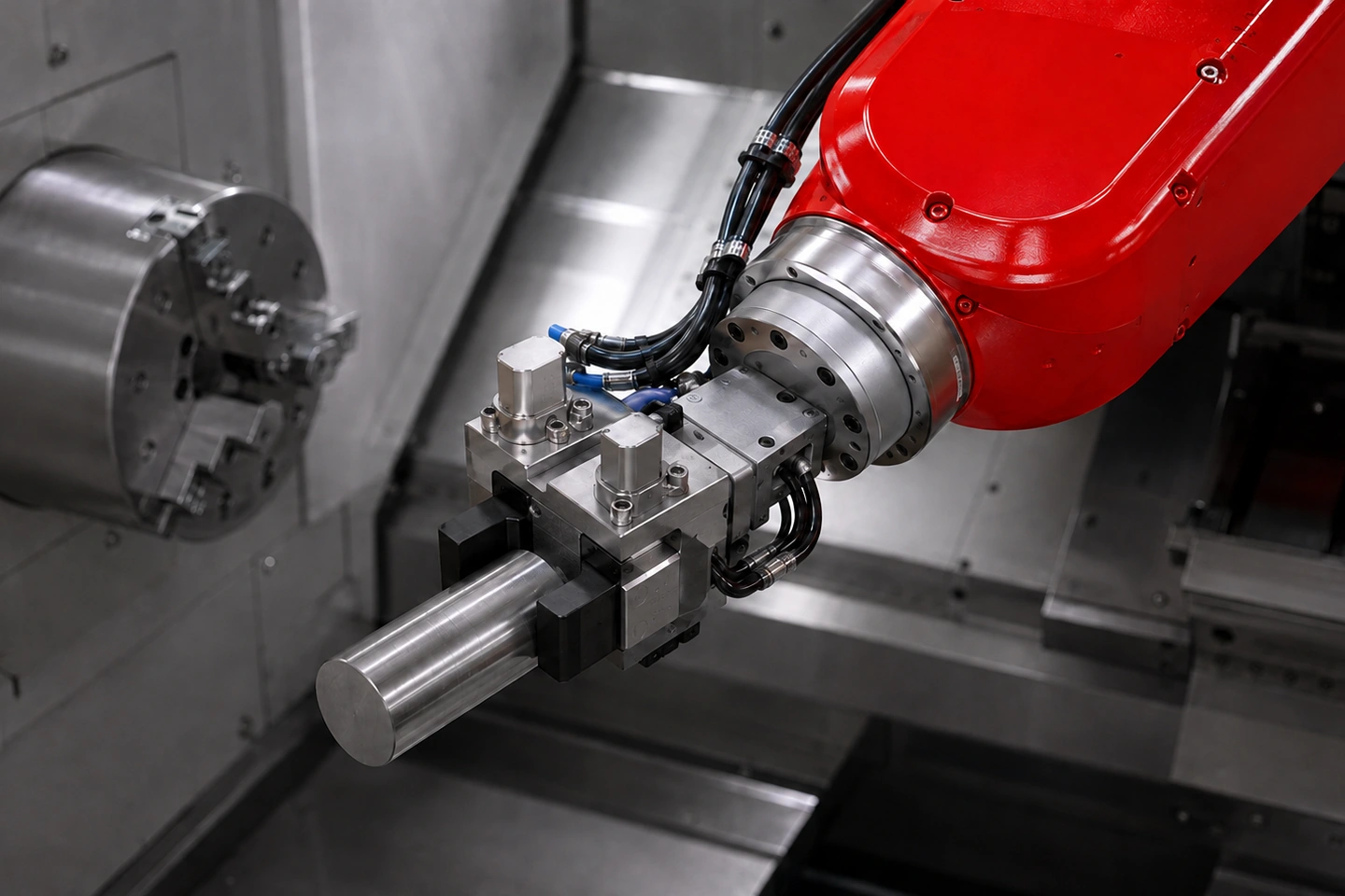 Application scene visualization of a physically credible six-axis robot wrist, mounting plate, adapter, complete gripper and one securely held generic workpiece with realistic hose and cable routing beside an empty CNC workholding area