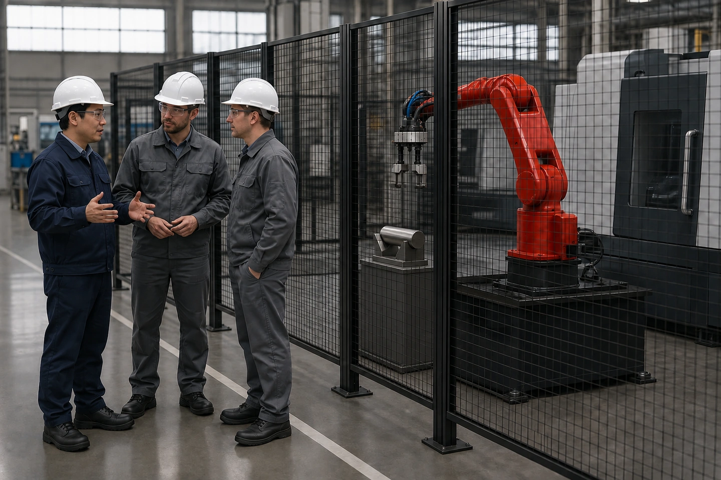 Application scene visualization of fully generated factory staff and adult international visitors reviewing a six-axis robot wrist, complete gripper and representative CNC workpiece