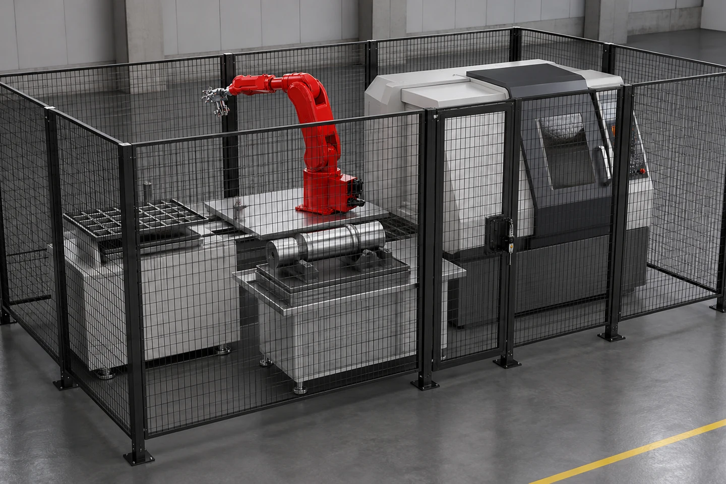 Minh họa bối cảnh ứng dụng về cell một máy có robot sáu trục, EOAT, một chi tiết được đỡ chắc, CNC, hàng rào, cổng đóng và lối vận hành tách biệt rõ