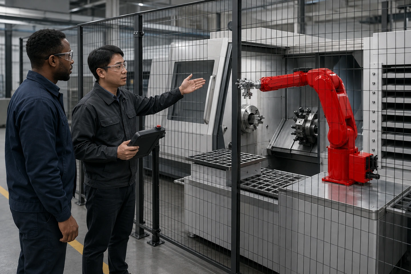 应用场景示意：完全生成的非特定国内员工与不同外貌背景成年国际访客从围护外观察六轴机械臂腕部、完整夹爪、受支撑工件、打开的 CNC 机床门和空卡盘或夹具，讨论工具姿态与接近方向