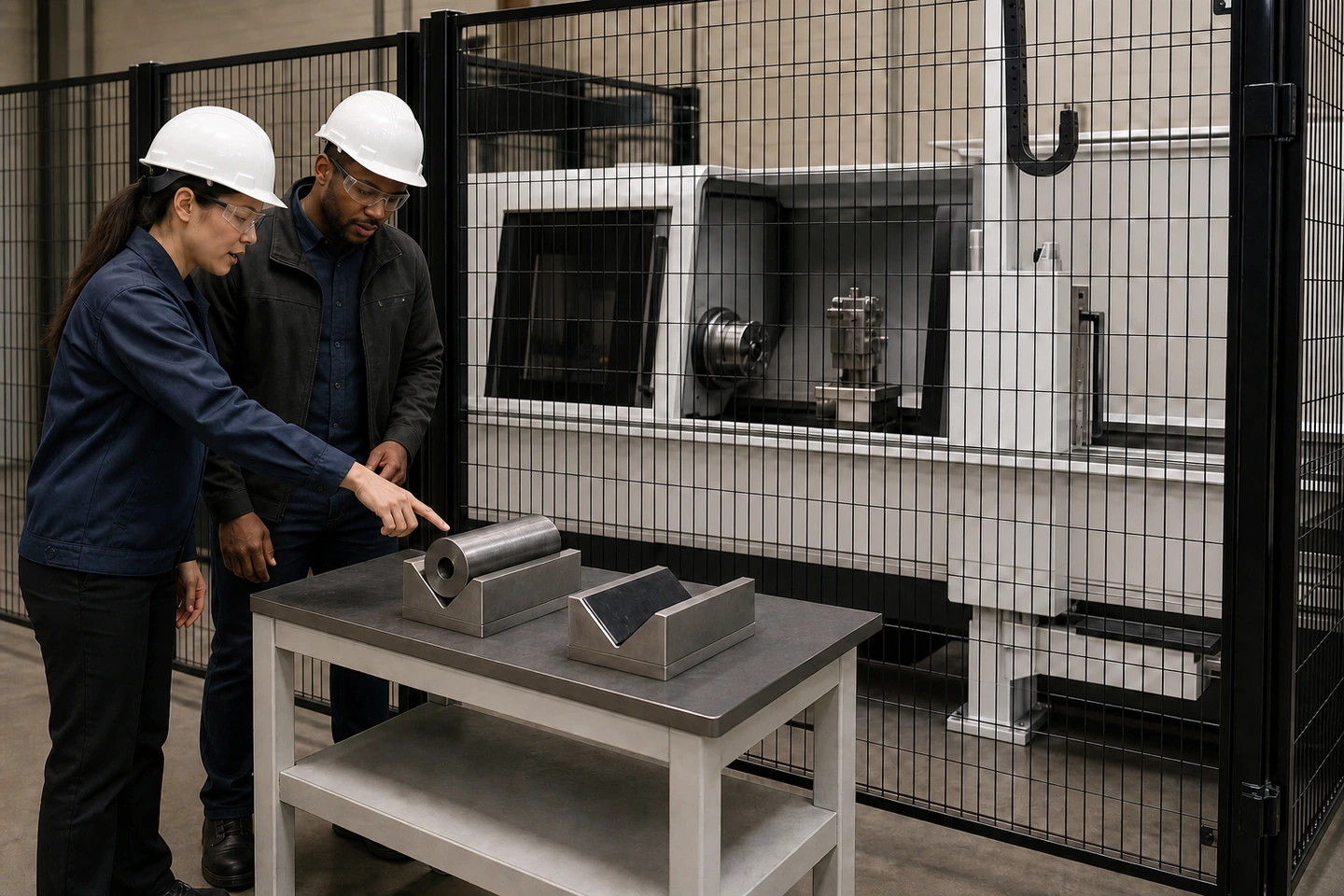 Application scene visualization of fully generated, non-specific China-based factory staff and adult international visitors reviewing a supported representative part, material nest, stationary complete gripper and visible workholding area from outside the safeguarded zone