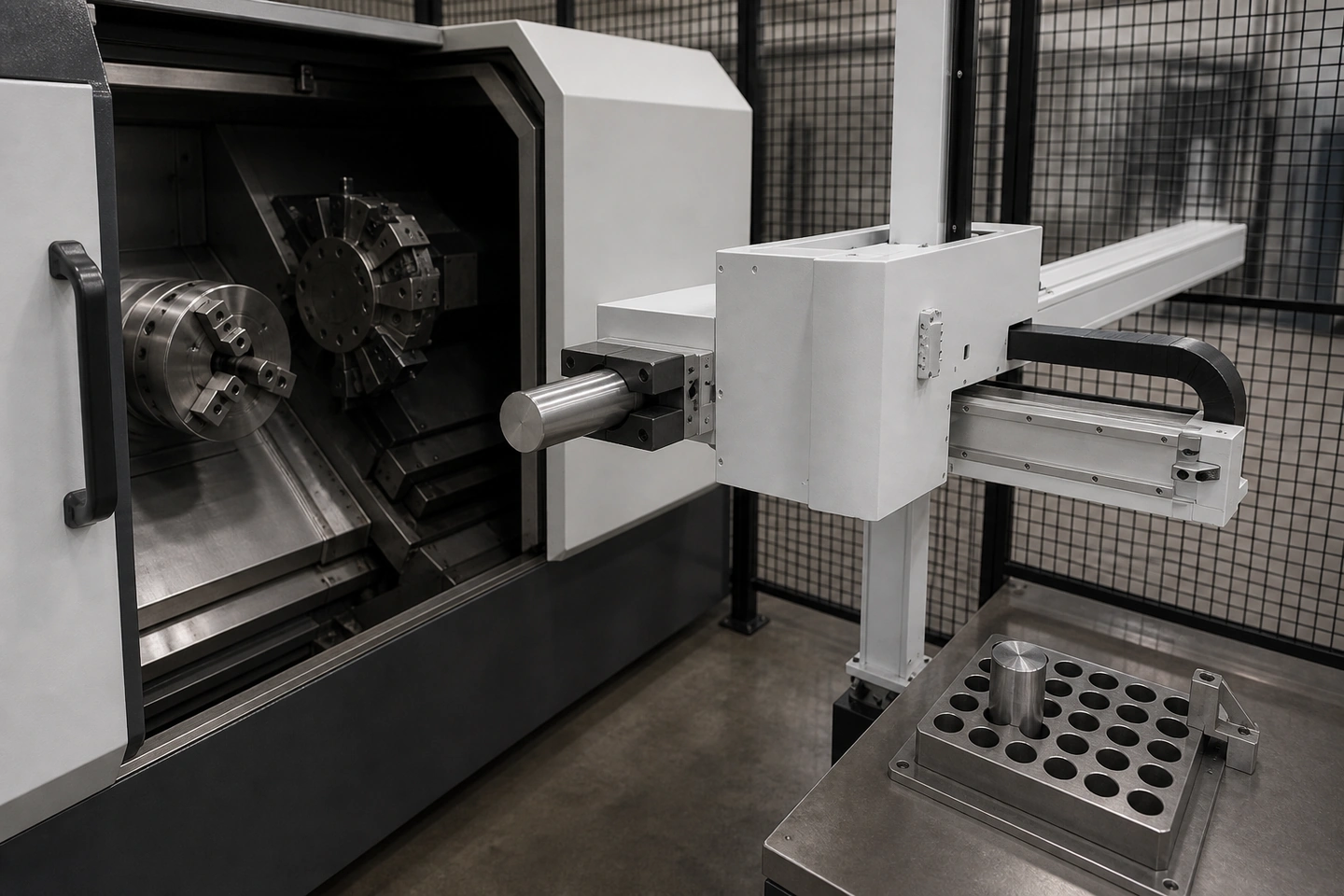 Application scene visualization of a generic three-point relationship among a material nest, complete gripper and empty CNC chuck or fixture, with one clearly supported active part and credible physical contact
