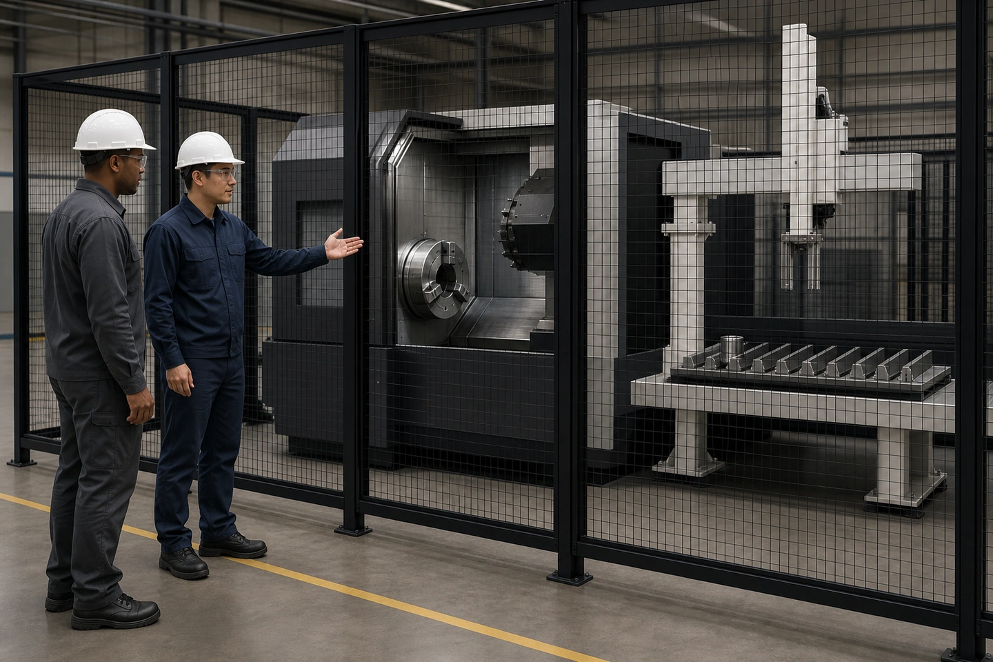 Application scene visualization of fully generated factory staff and adult international visitors discussing material, gripper and CNC workholding part-present states