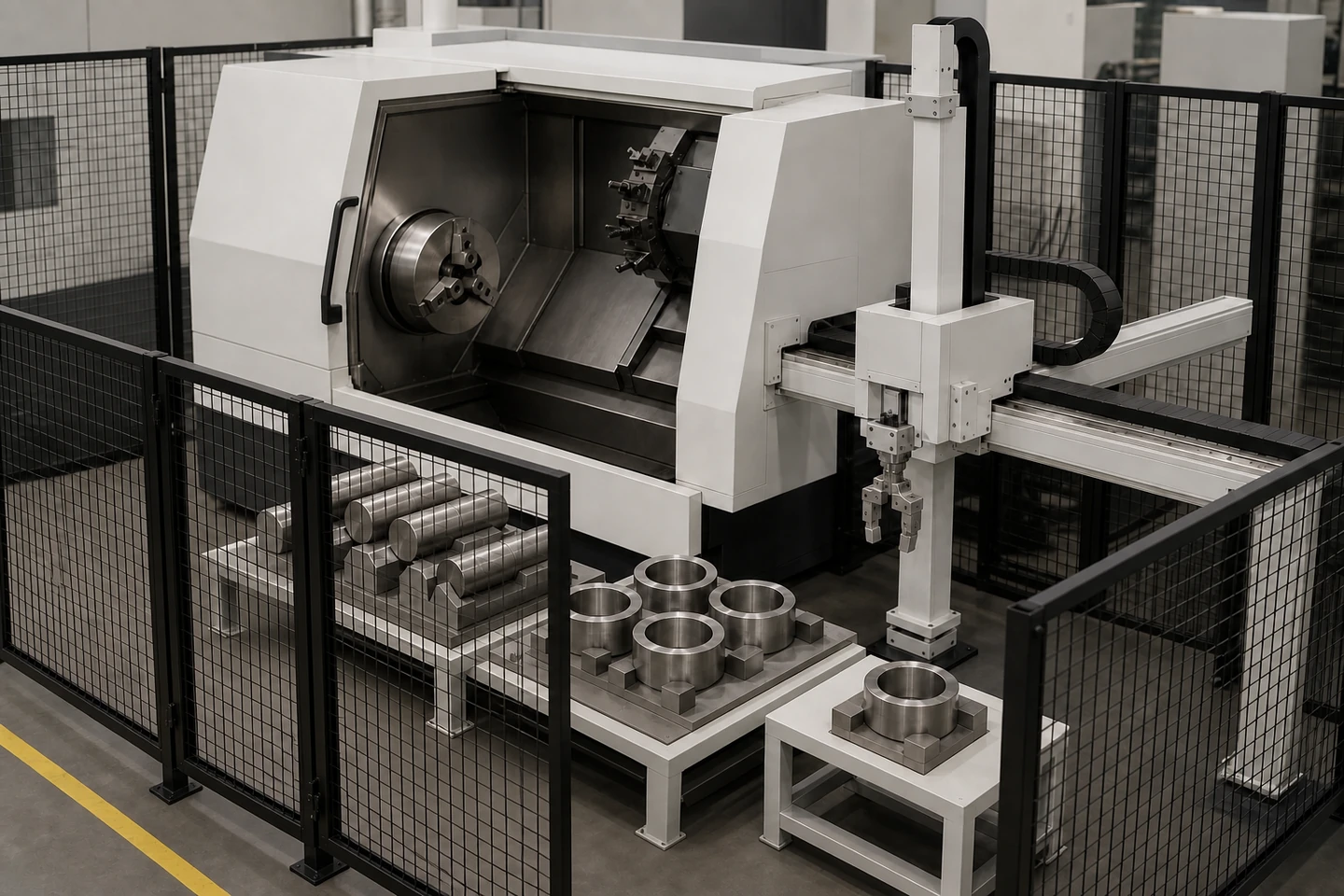 Minh họa bối cảnh ứng dụng về một cell một máy đang dừng, với quan hệ rõ giữa kẹp đứng yên, chi tiết được đỡ, mâm cặp hoặc đồ gá, khay phôi thô, thành phẩm và vùng chi tiết chưa rõ trạng thái