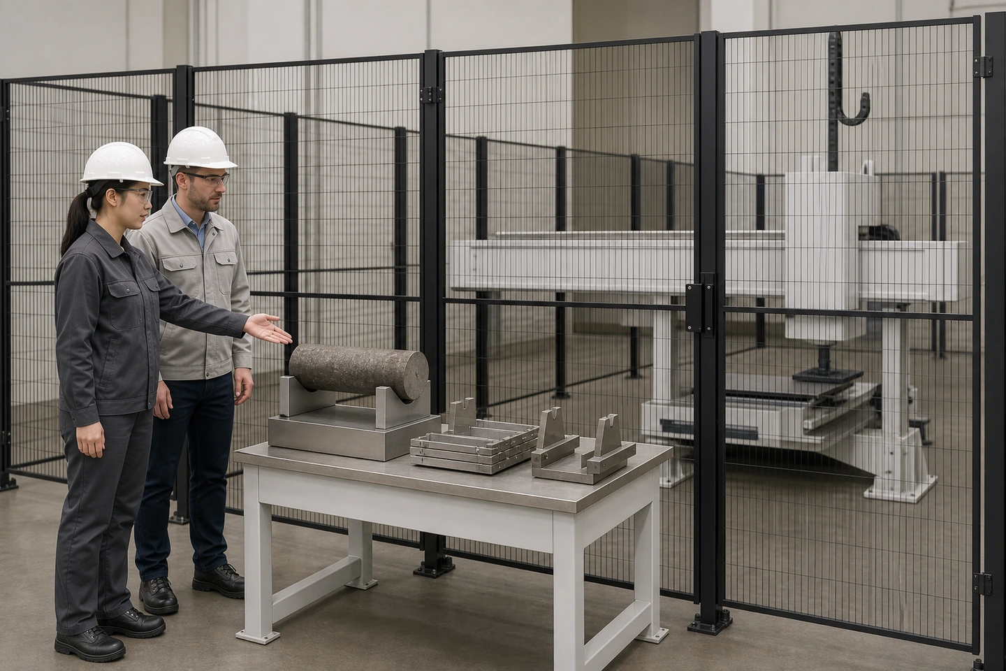 应用场景示意：完全生成的非特定国内员工与不同外貌背景成年国际访客从安全区域查看受支撑毛坯、料盘槽位和静止完整夹爪，讨论接触面、错向、叠料与可见异物