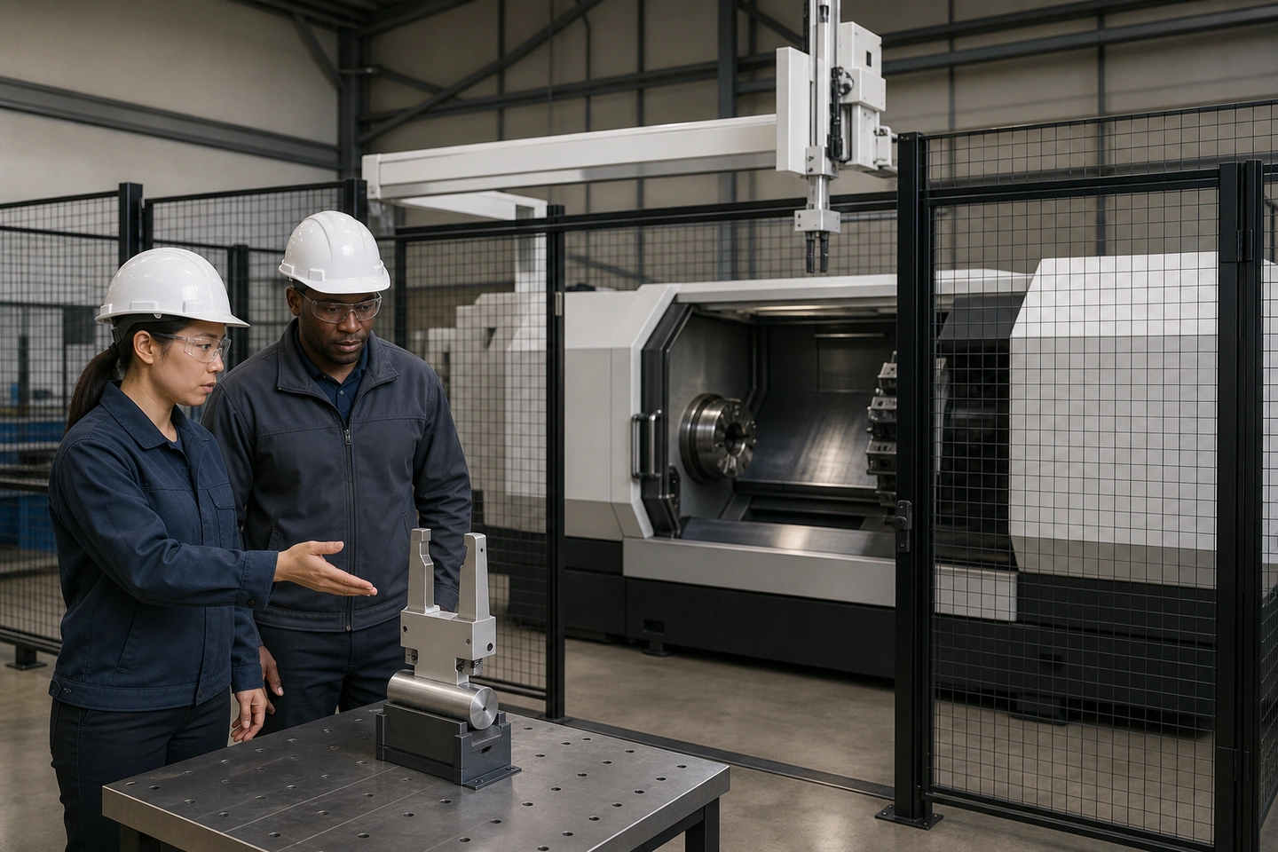Application scene visualization of fully generated, non-specific China-based factory staff and adult international visitors discussing the door opening, empty chuck or fixture, and a supported end-effector-workpiece mock-up within complete safeguarding