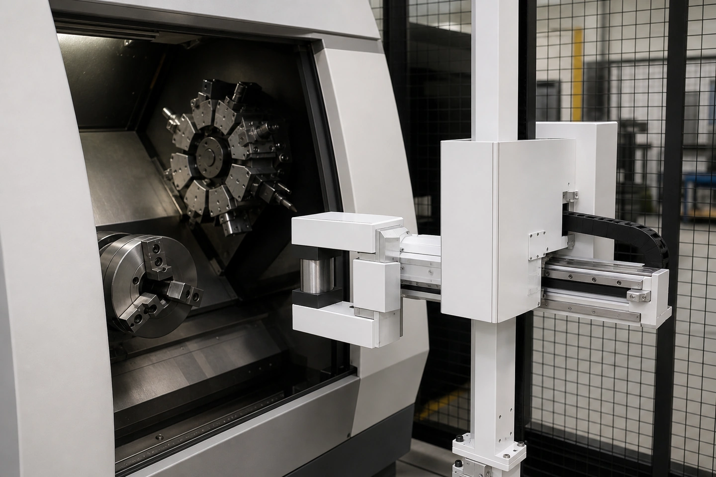 Application scene visualization of one complete gripper holding exactly one workpiece at a plausible approach to an open CNC with an empty chuck or fixture and tooling parked clear