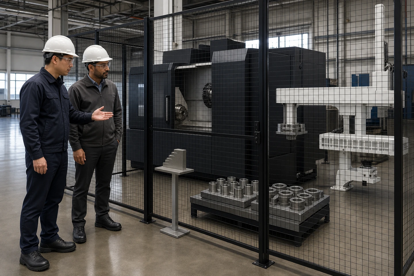 Application scene visualization of fully generated factory staff and adult international visitors reviewing measured points around one safeguarded CNC machine tending cell