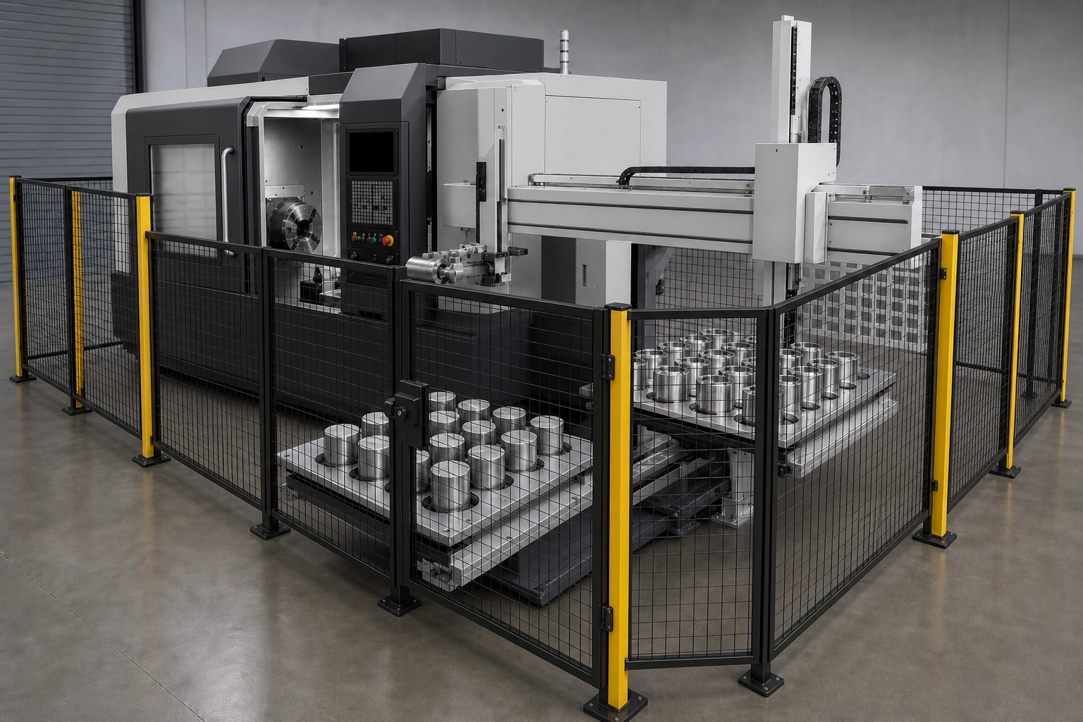 应用场景示意：毛坯和成品通过料盘与 CNC 车床交接，用于说明进出料方向和现场边界。