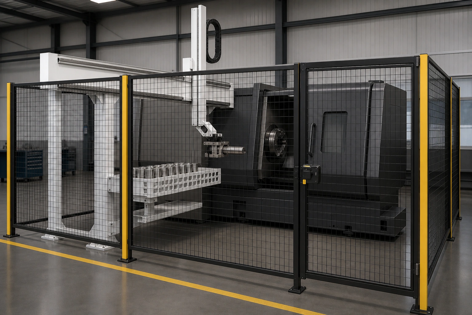 应用场景示意：一体式桁架、料盘与单台 CNC 车床的相对关系，用于配置评审说明。