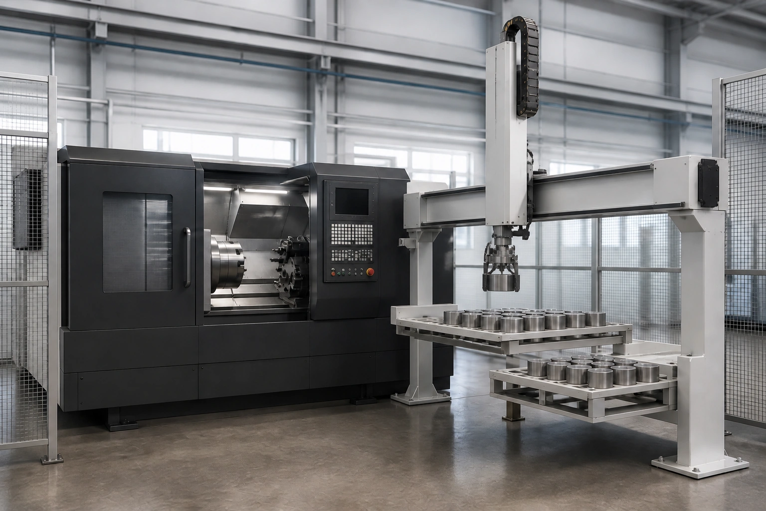 应用场景示意：单台 CNC 车床上方桁架从物料盘取放工件，具体布局以工程评审为准