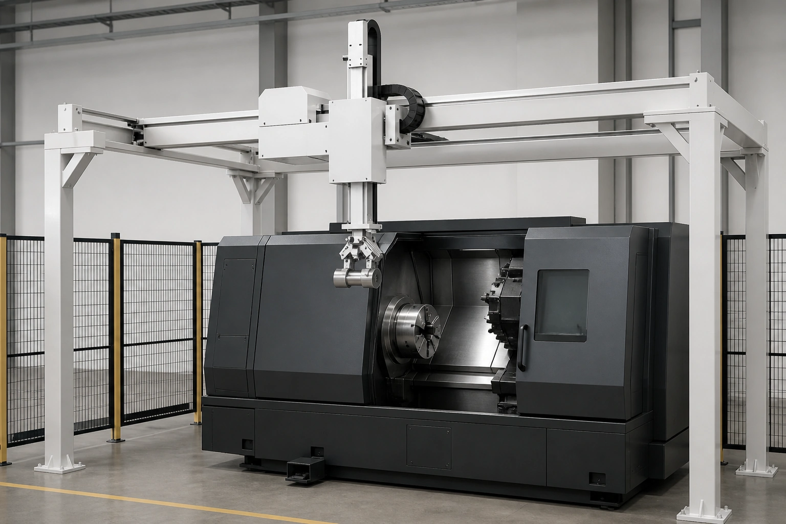 Application scene visualization of a frame-mounted gantry robot positioned above one CNC machine for installation review.