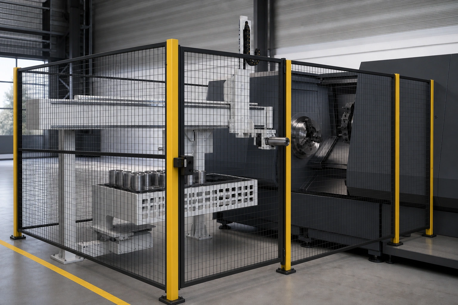 Application scene visualization of an integrated one-to-one gantry configuration beside a CNC machine and material tray.