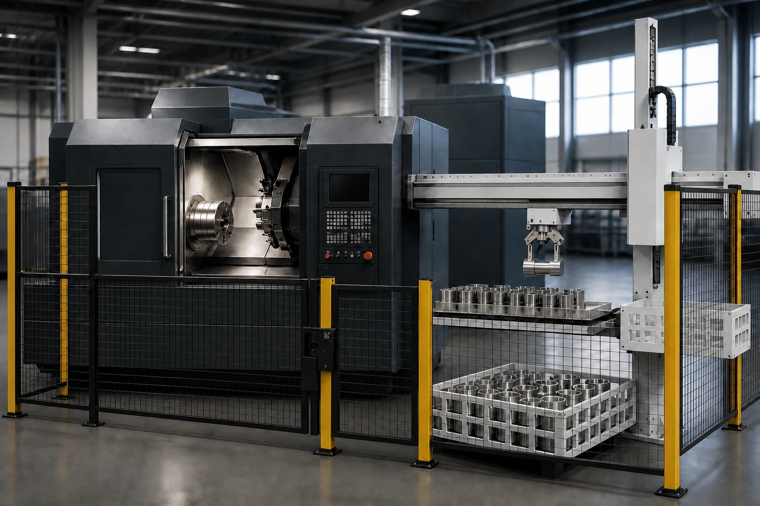 Application scene visualization of one CNC machine, a gantry robot and material tray showing the blank-to-finished-part route