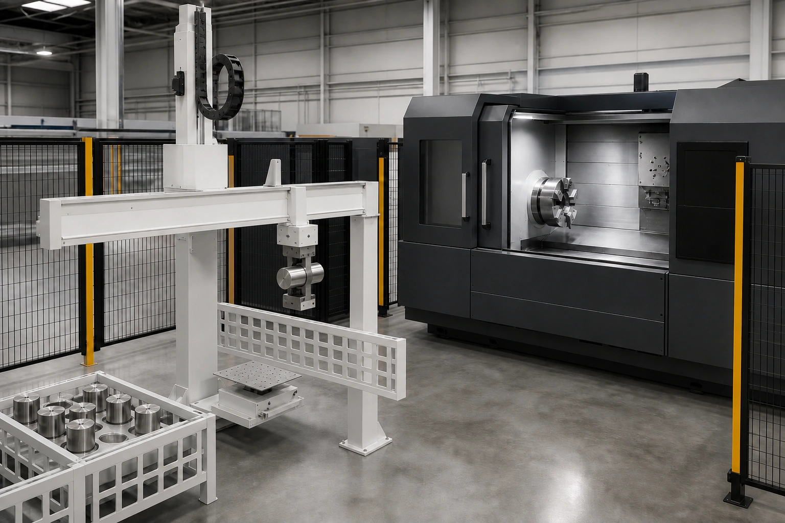 Minh họa bối cảnh ứng dụng về ba điểm bàn giao giữa khay vật liệu, robot giàn và cửa máy CNC.