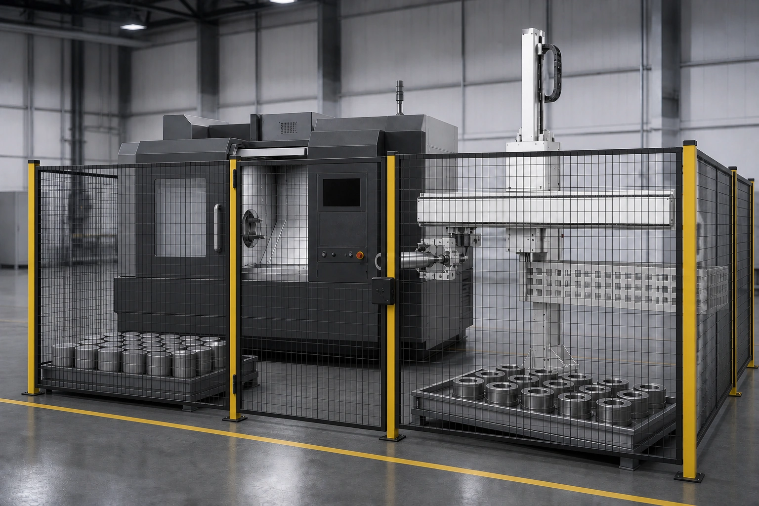 Minh họa bối cảnh ứng dụng về một máy CNC, robot giàn và khay vật liệu trong quy trình cấp dỡ một máy