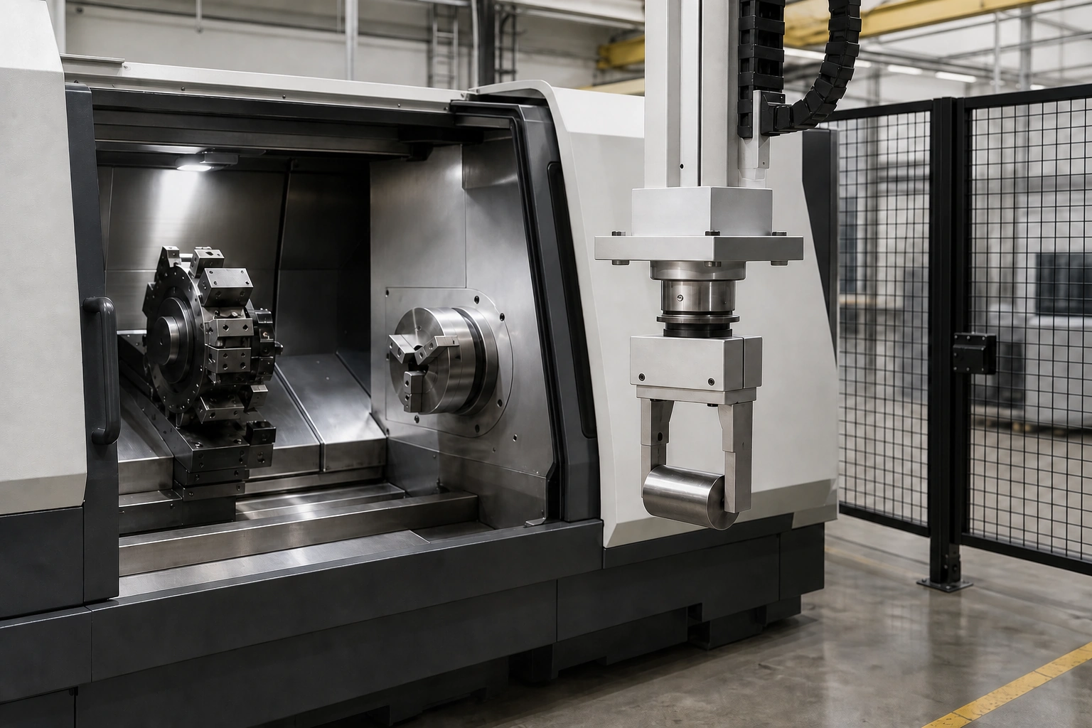 应用场景示意：完整夹爪总成携带一个圆柱工件接近开启的 CNC，用于核对机床门、空卡盘和刀塔的进机空间