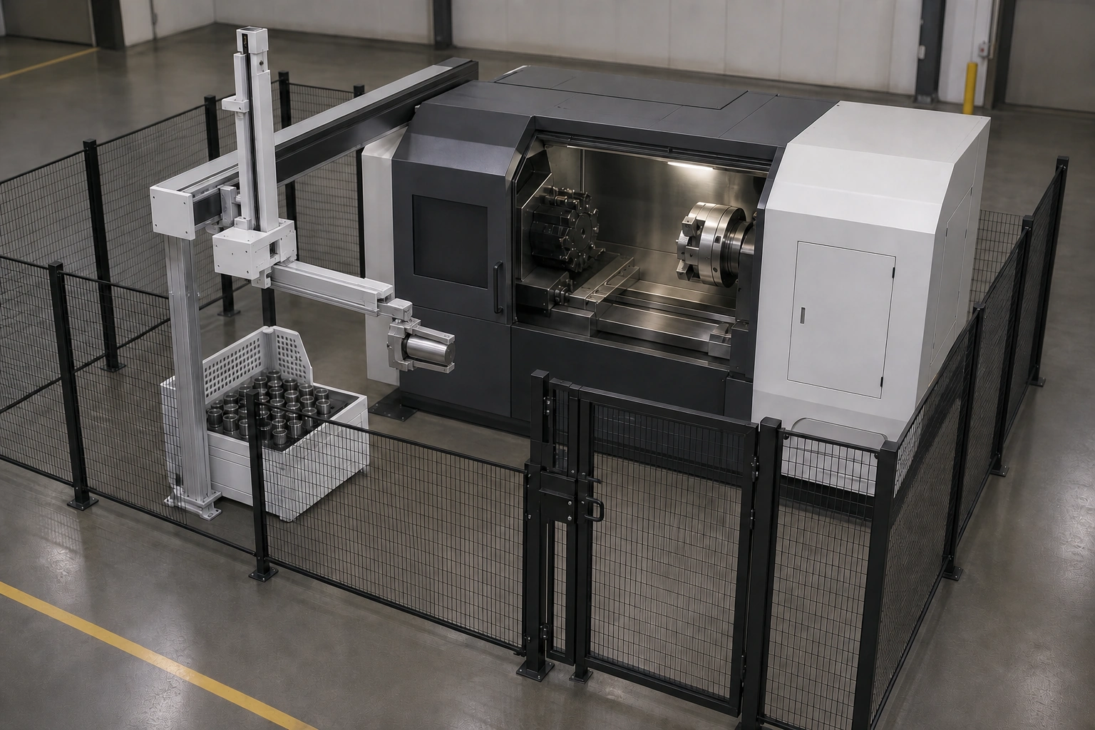 Application scene visualization of a CNC machine opening, empty chuck, gantry, roof clearance and guarded service-access envelope prepared for interface review
