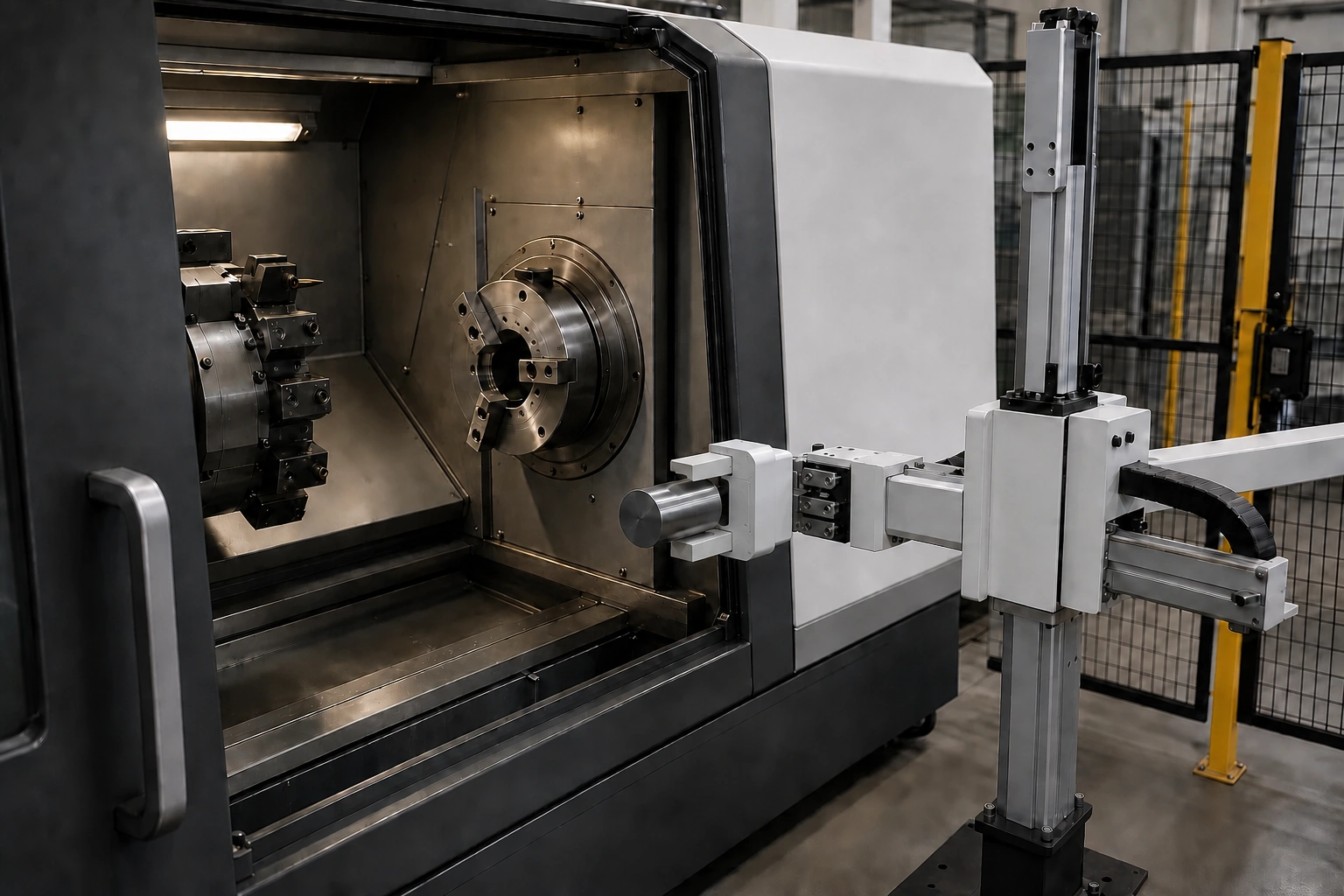 Application scene visualization of an open CNC door, empty chuck and gantry gripper holding one cylinder at a machine-tending handoff