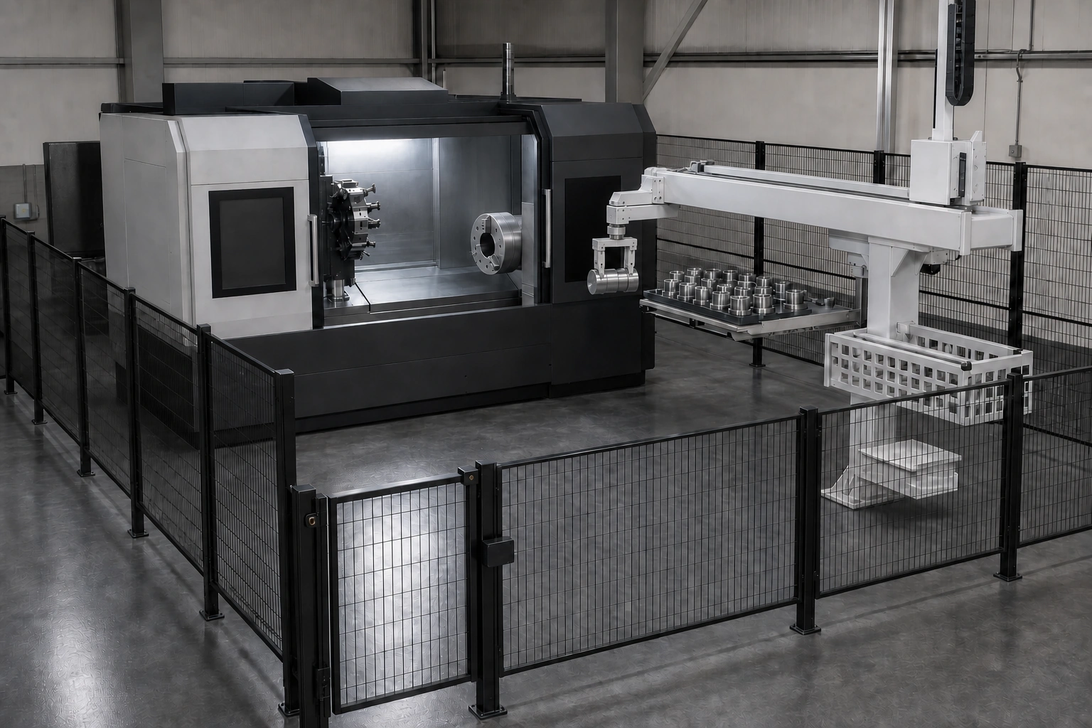 Application scene visualization of one CNC machine, a gantry robot, an open machine door, an empty chuck and a guarded part-handoff area