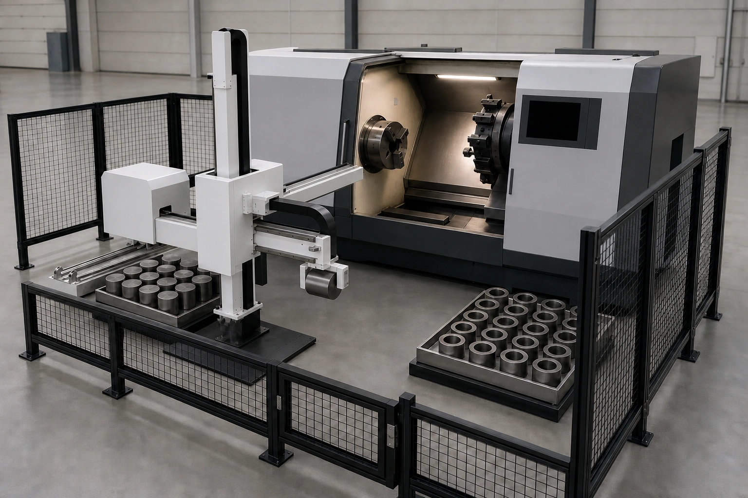 Minh họa bối cảnh ứng dụng về tuyến lấy và đặt chi tiết giữa khay phôi, máy CNC và khay thành phẩm