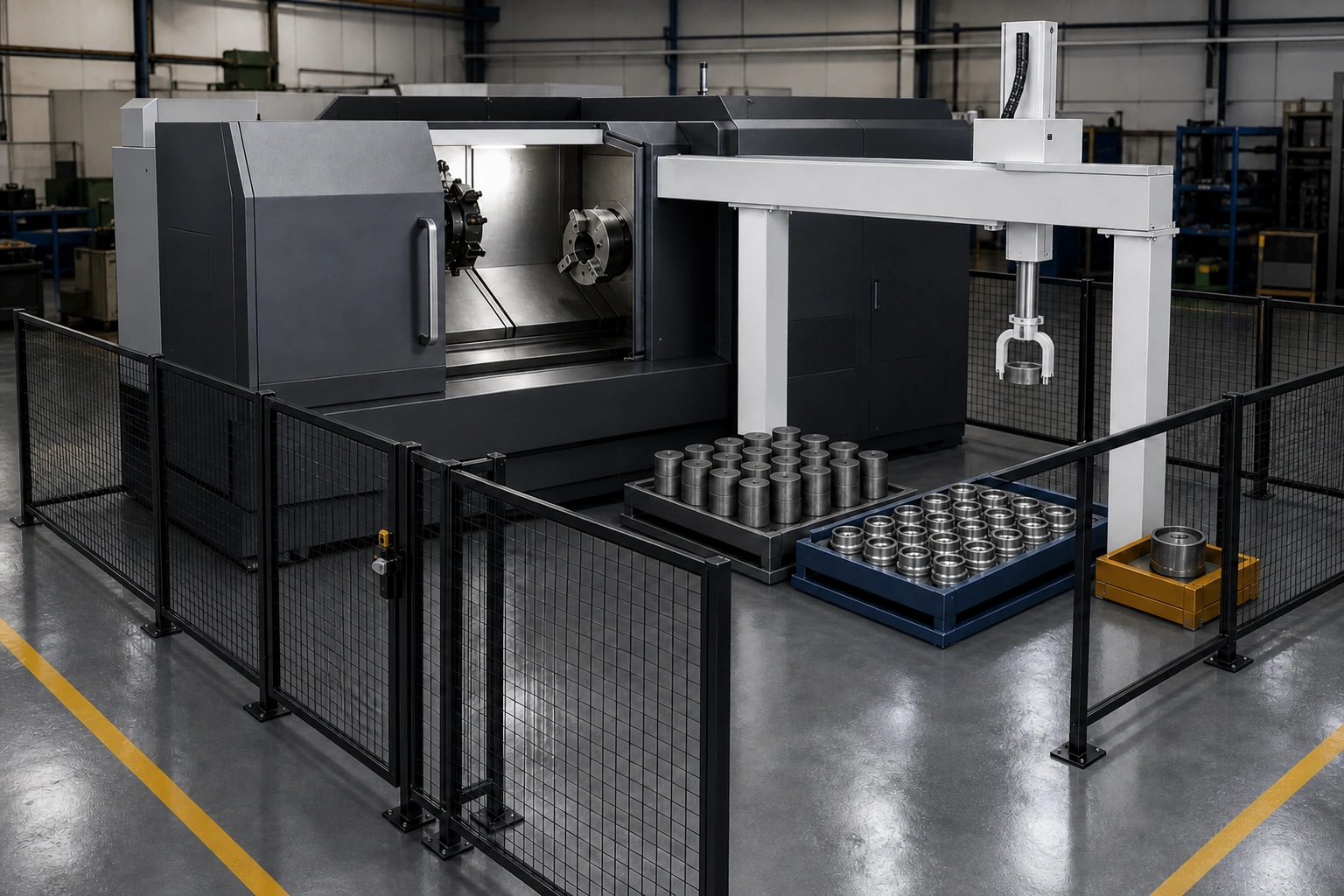 Minh họa bối cảnh ứng dụng về một máy CNC, robot giàn, khay phôi thô, khay thành phẩm và vị trí hàng lỗi, bố trí cuối cùng theo đánh giá kỹ thuật