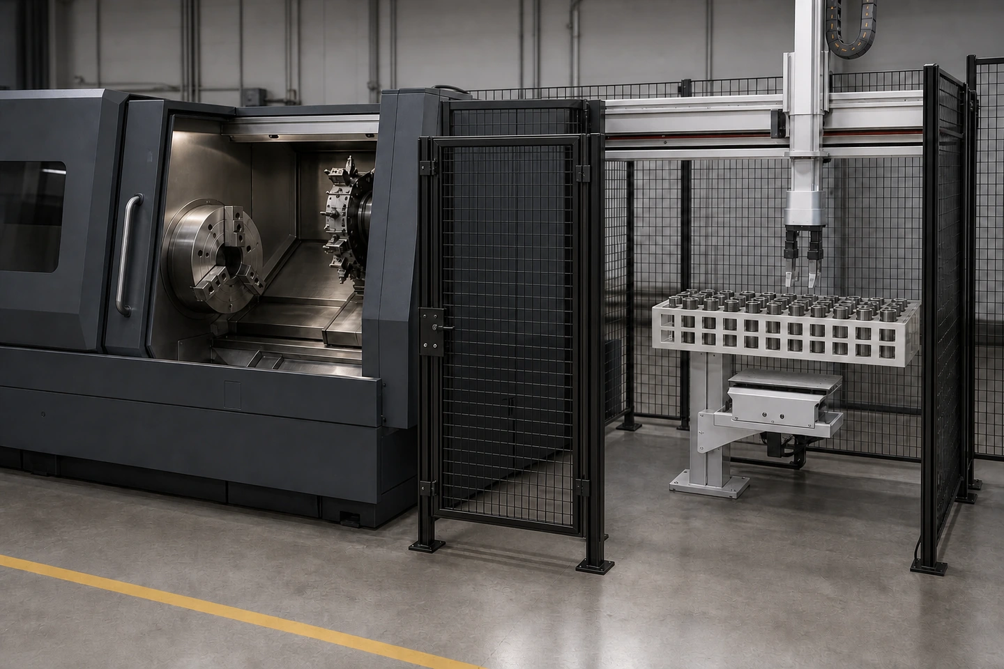 应用场景示意：无人物的单台 CNC、桁架、工件料位与受控入口细节，用于核对退出后的设备、工件和入口状态