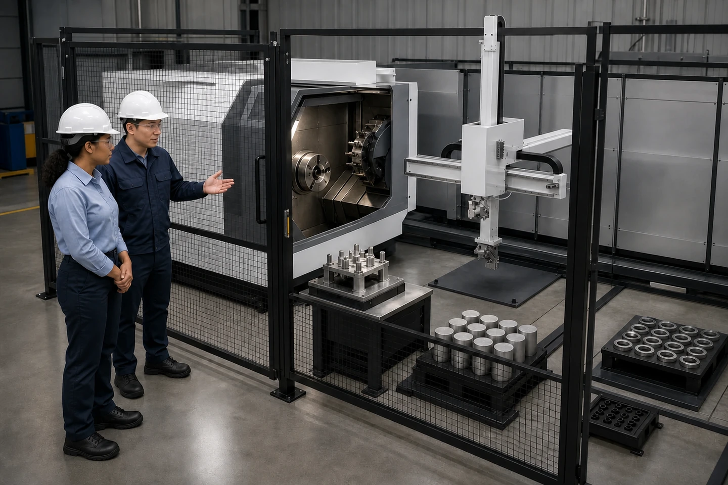 Application scene visualization of a fully generated, non-specific China-based employee and adult international visitor discussing gripper, workholding and material-presentation relationships at a stationary CNC cell