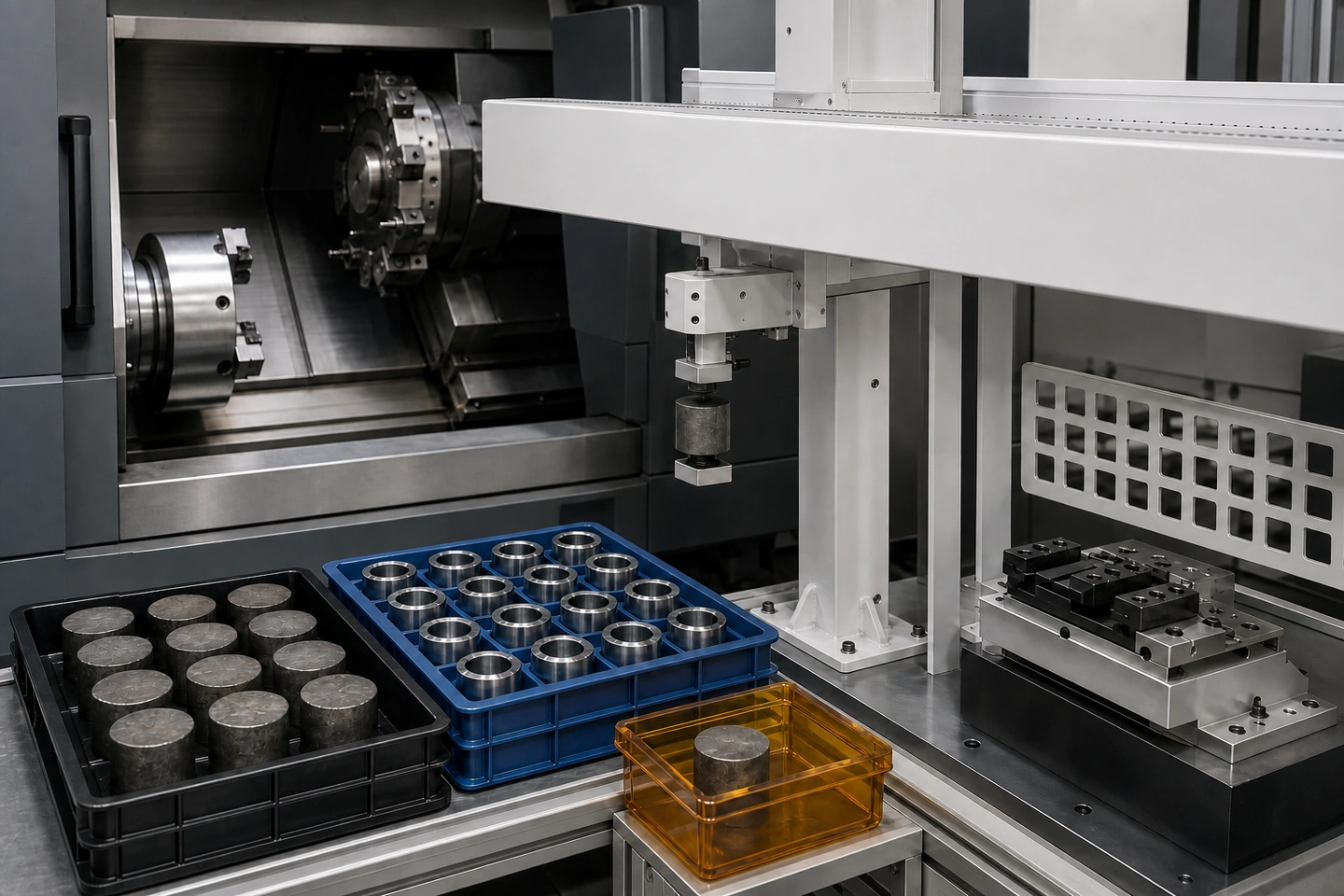 Application scene visualization of blank, finished and reject nests, a gripper/tooling set, a chuck or fixture and coherent part orientation prepared for changeover review