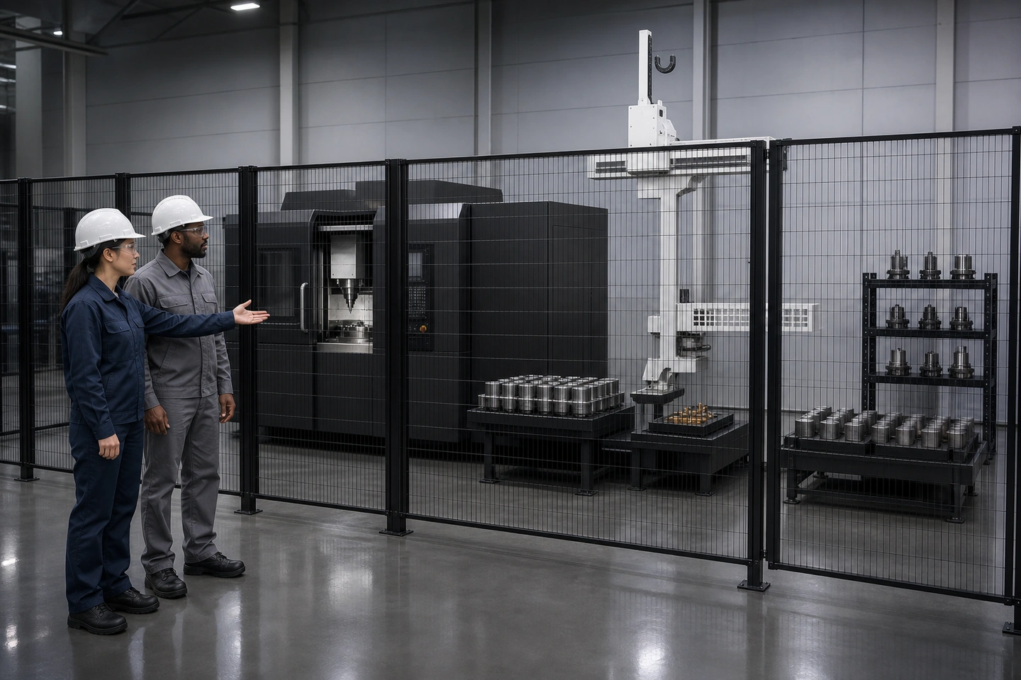 Application scene visualization of a fully generated employee and adult international visitor reviewing a stationary high-mix CNC tending cell with generic trays and tooling