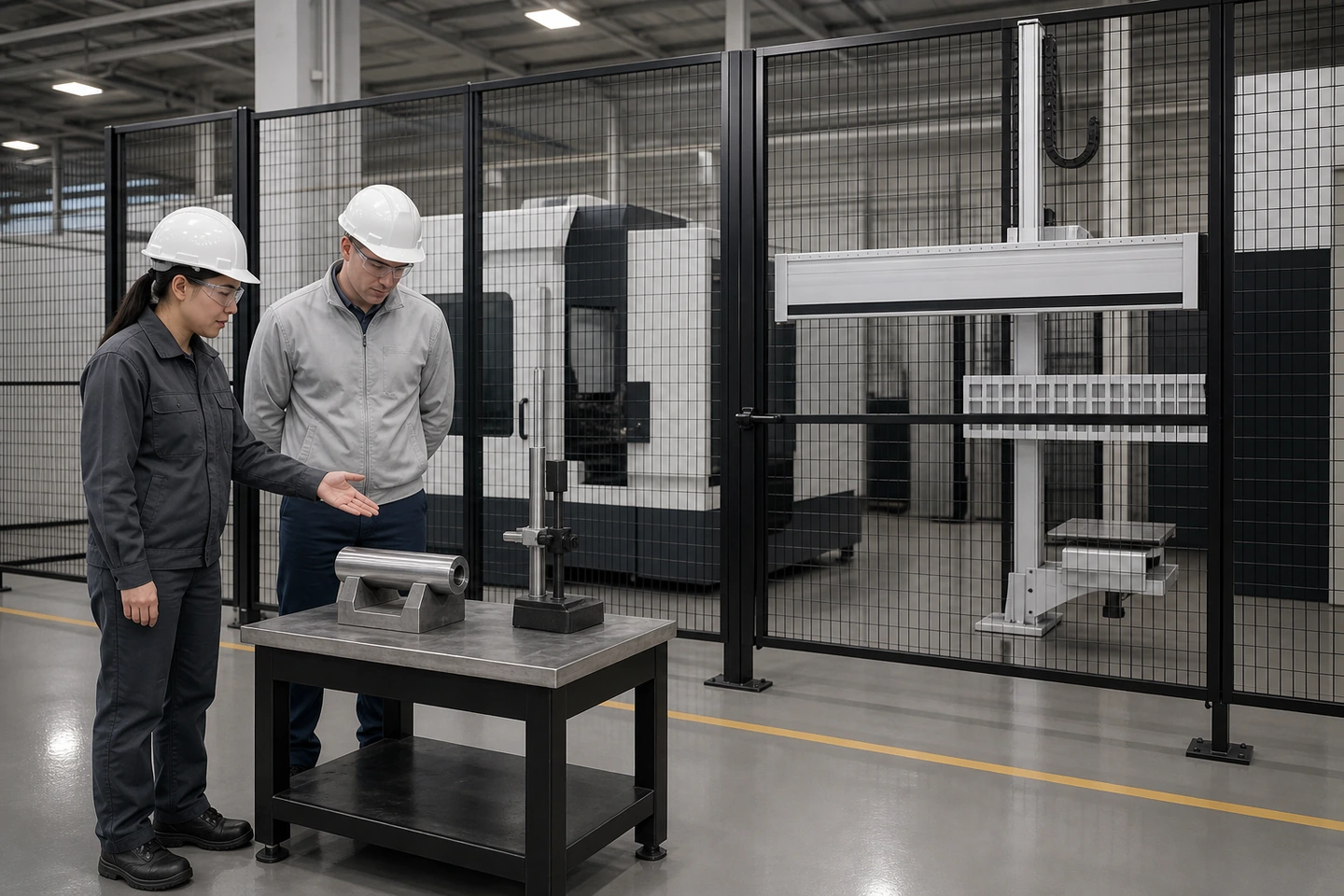 应用场景示意：完全生成的非特定国内员工与不同外貌背景成年国际访客在安全评审状态下围绕首件、无读数通用量检具和检验台交流身份、定位与检查边界