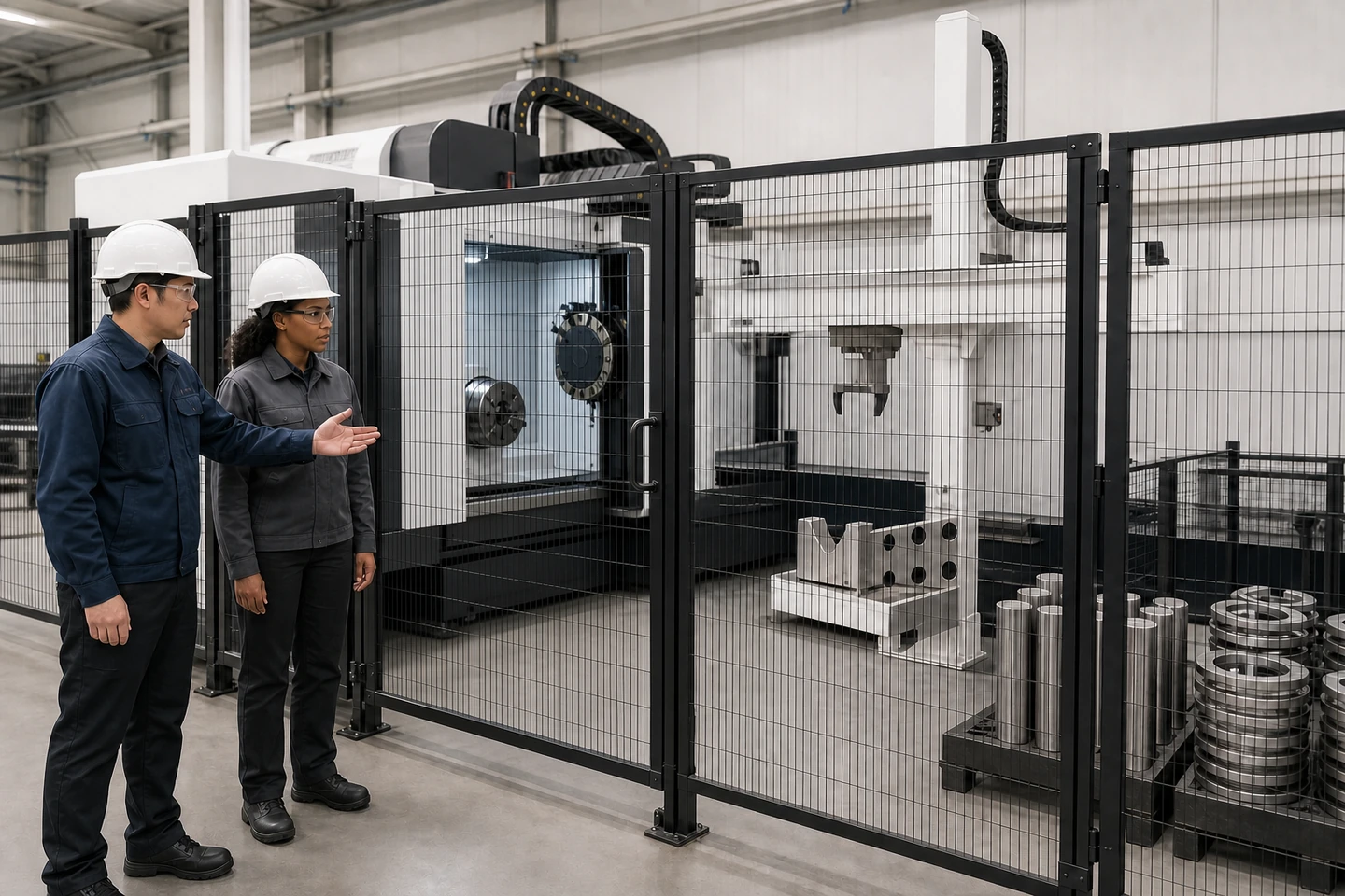 Application scene visualization of fully generated, non-specific factory staff and an adult international visitor reviewing material positions, gripper, machine opening and a blank no-text test fixture at a stationary CNC tending cell