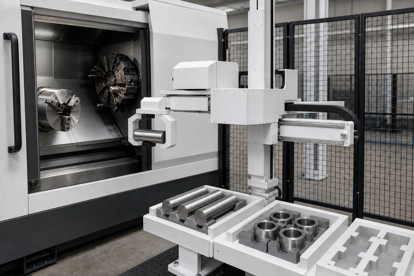 Application scene visualization of raw, finished and reject positions, gripper/workpiece contact, door/chuck handoff and a safe-retreat state prepared as technical acceptance checkpoints
