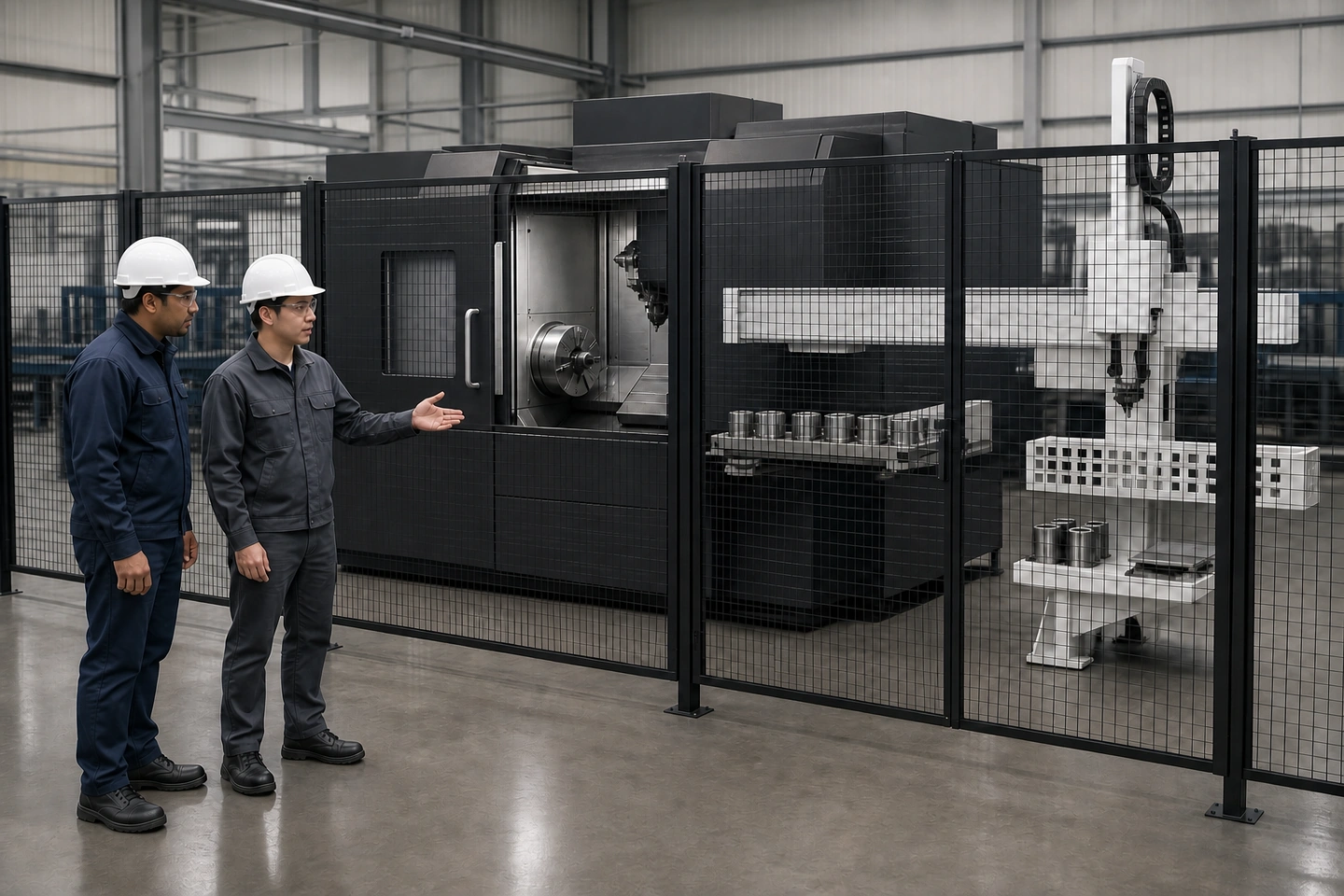 Application scene visualization of fully generated factory staff and an adult international visitor reviewing a stationary CNC tending cell and representative workpiece