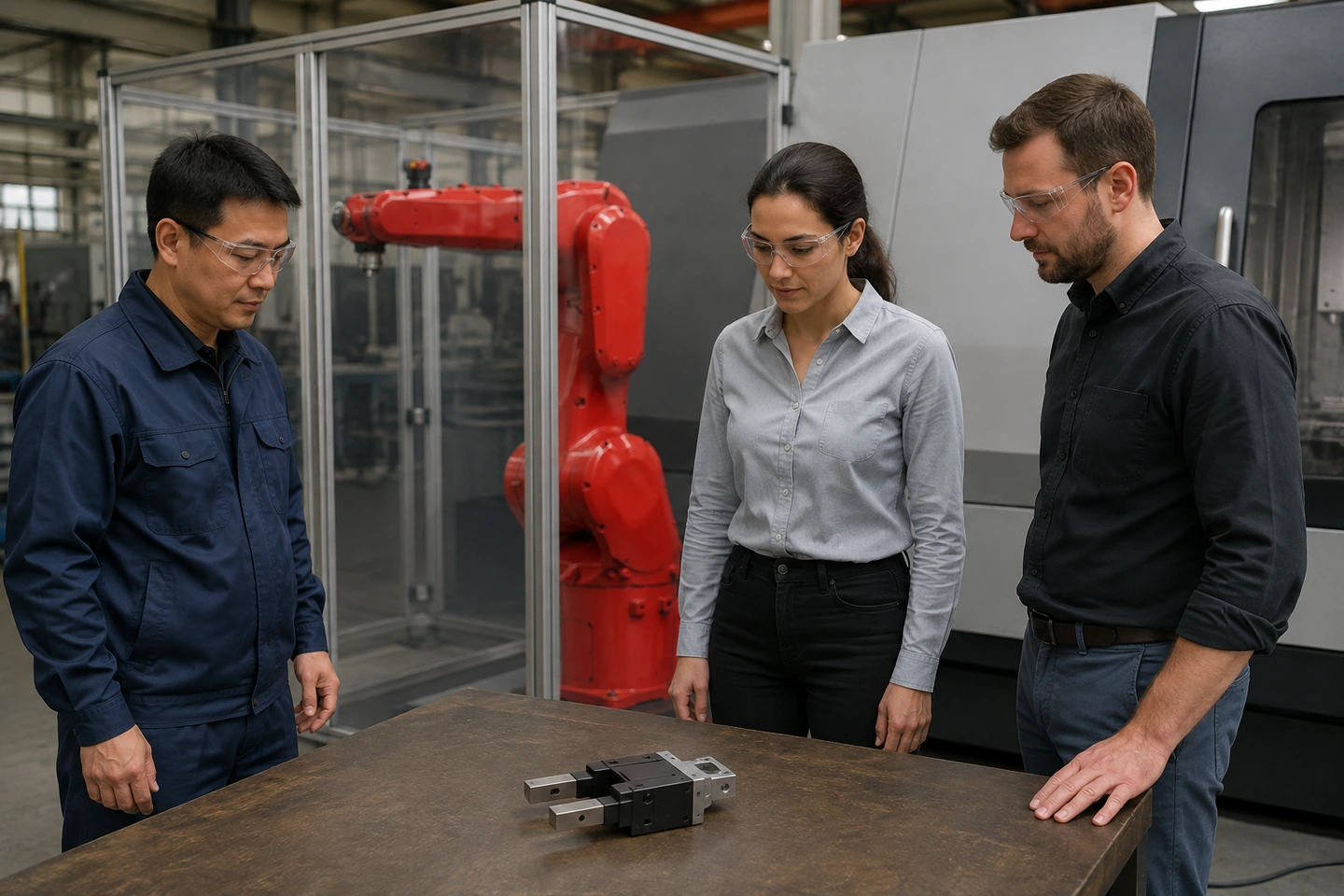 应用场景示意：成年工程人员与国际访客在工作桌旁讨论夹爪，背景为围护内的六轴机械臂