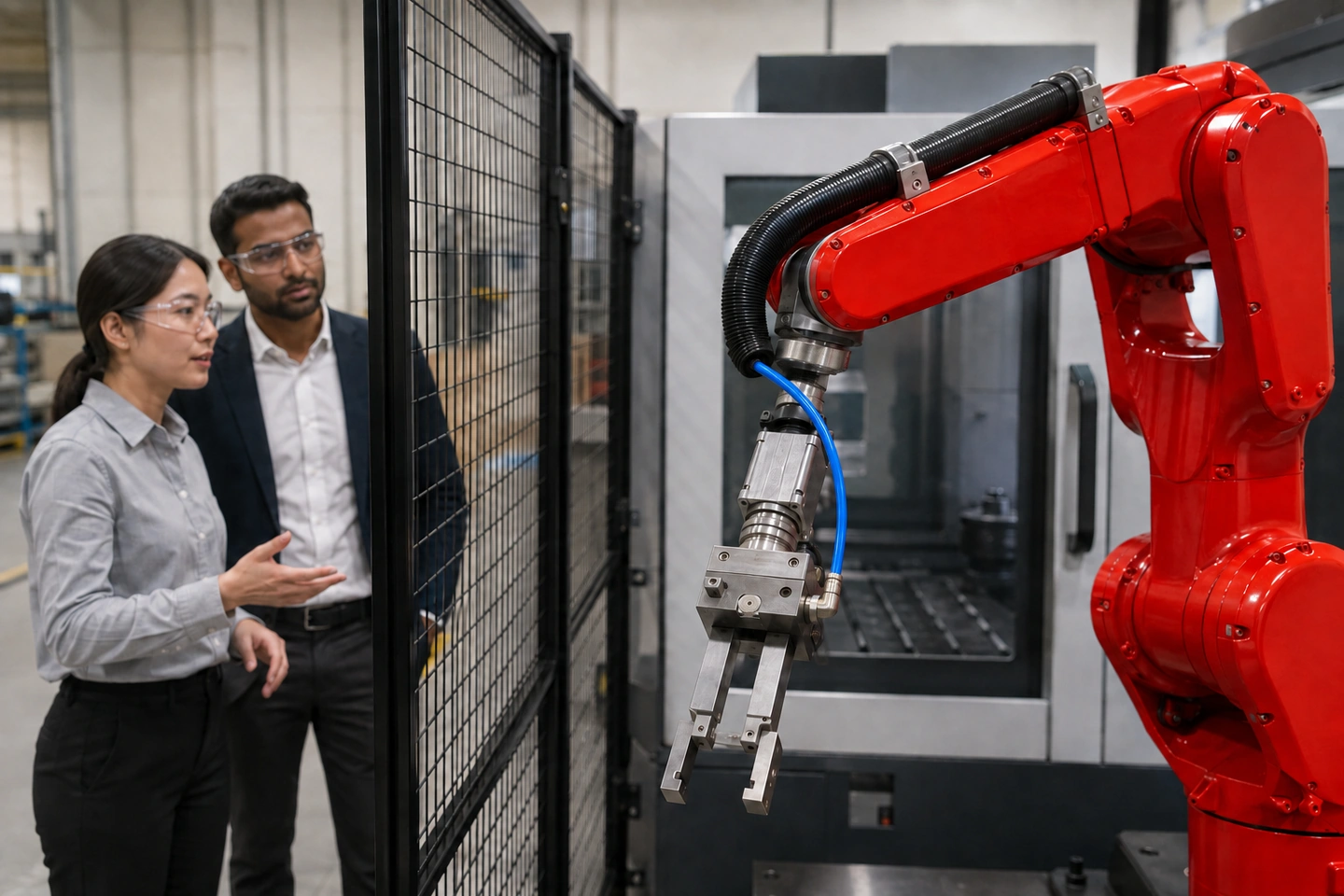 Application scene visualization of generated factory staff and adult visitors discussing a six-axis robot wrist service loop