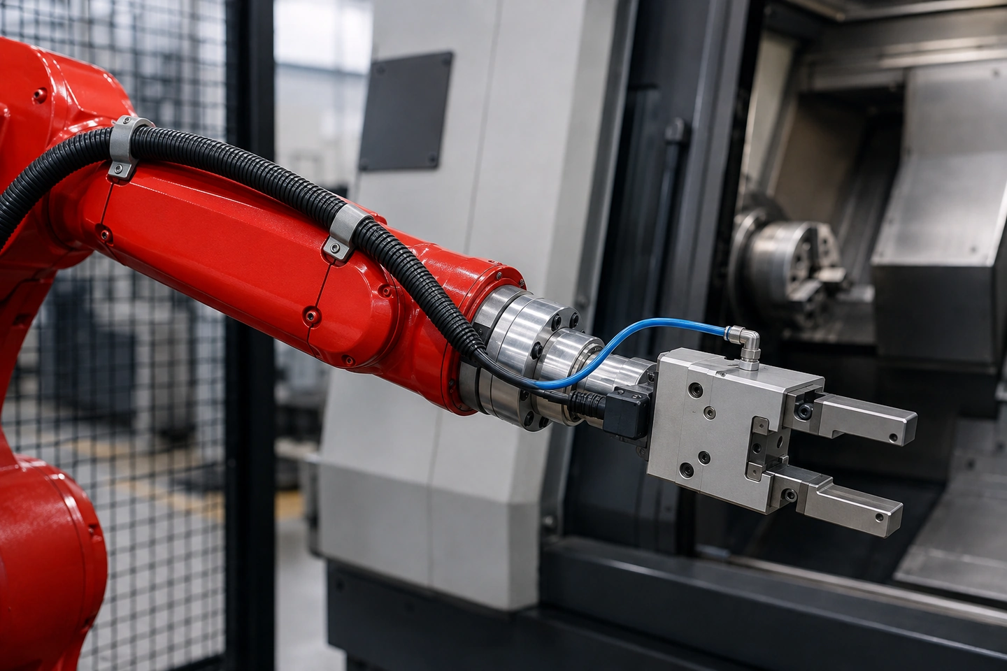 Application scene visualization of a six-axis robot forearm, wrist and empty gripper with supported external cables and pneumatic tubing