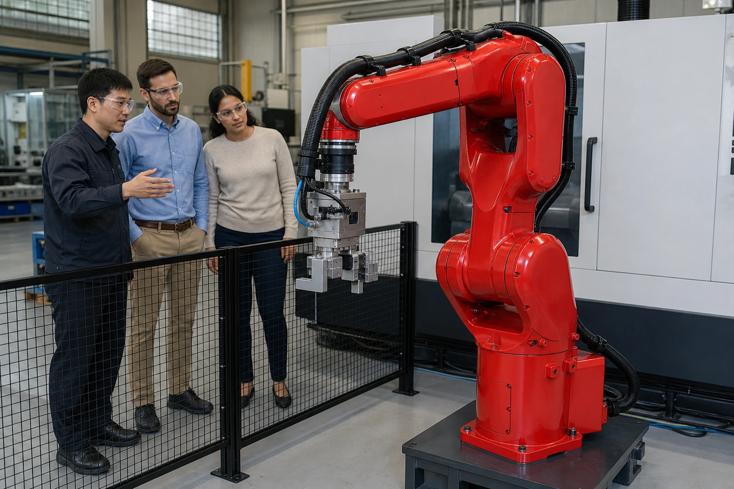 Application scene visualization of generated adults reviewing supported cables and pneumatic tubes on a six-axis robot