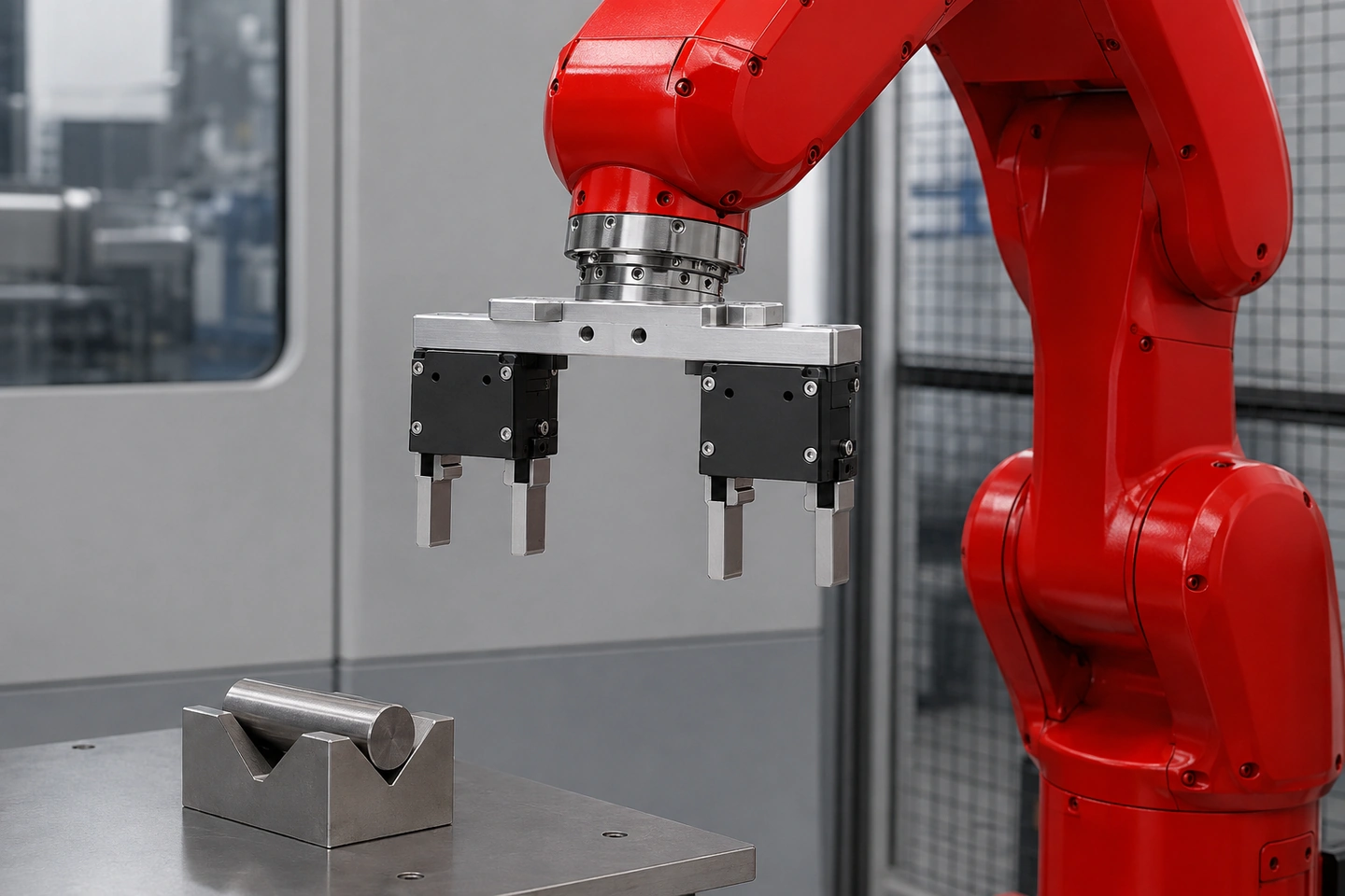Cận cảnh tấm lắp và hai kẹp rỗng trên cổ tay robot sáu trục, chi tiết mẫu nằm trong gối đỡ