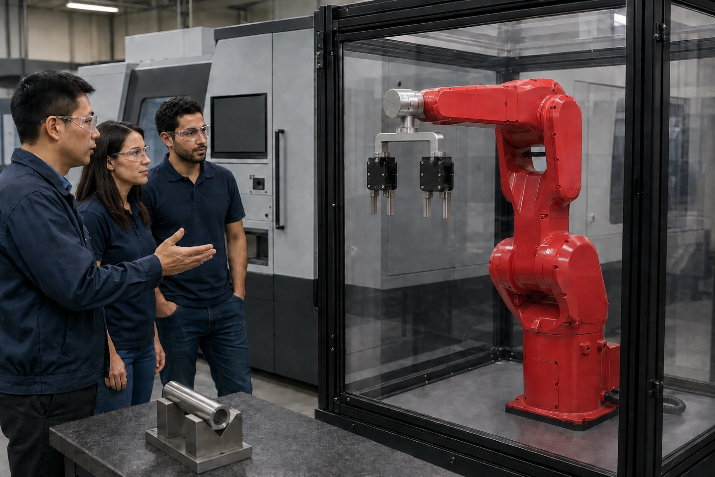 Nhân vật do AI tạo đứng ngoài hàng rào trao đổi về cụm hai kẹp rỗng của robot sáu trục cạnh CNC