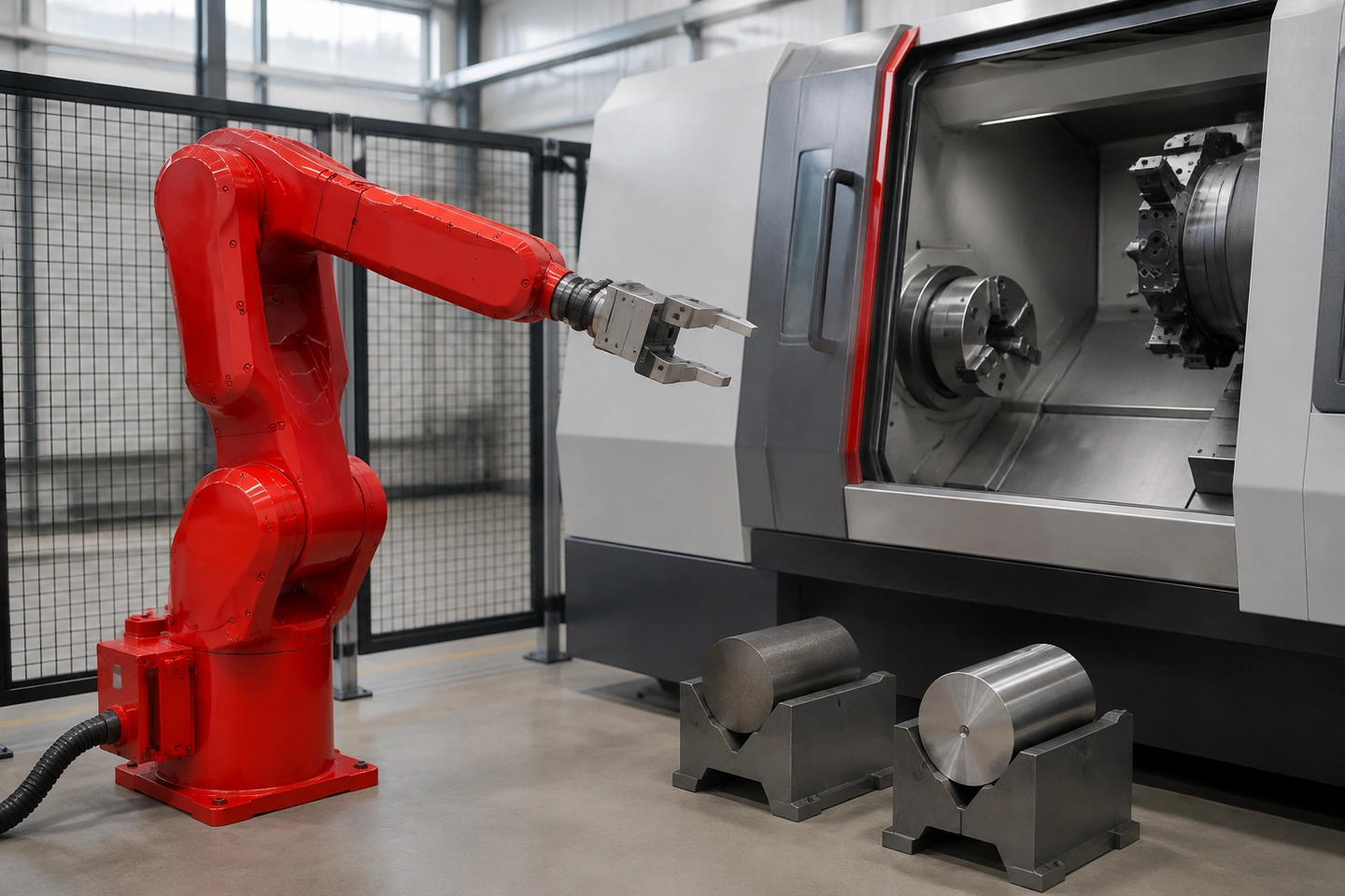 应用场景示意：静止的六轴机械臂腕部与末端工具、CNC 门口、受支撑工件和料位处于同一可见场景
