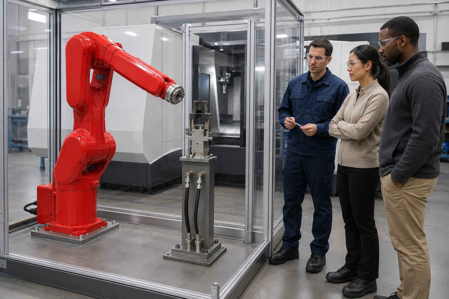 Application scenario illustration of fully generated, non-specific factory staff and adult international visitors reviewing a six-axis robot wrist, an interchangeable EOAT and a separately supported tool stand outside safeguarding