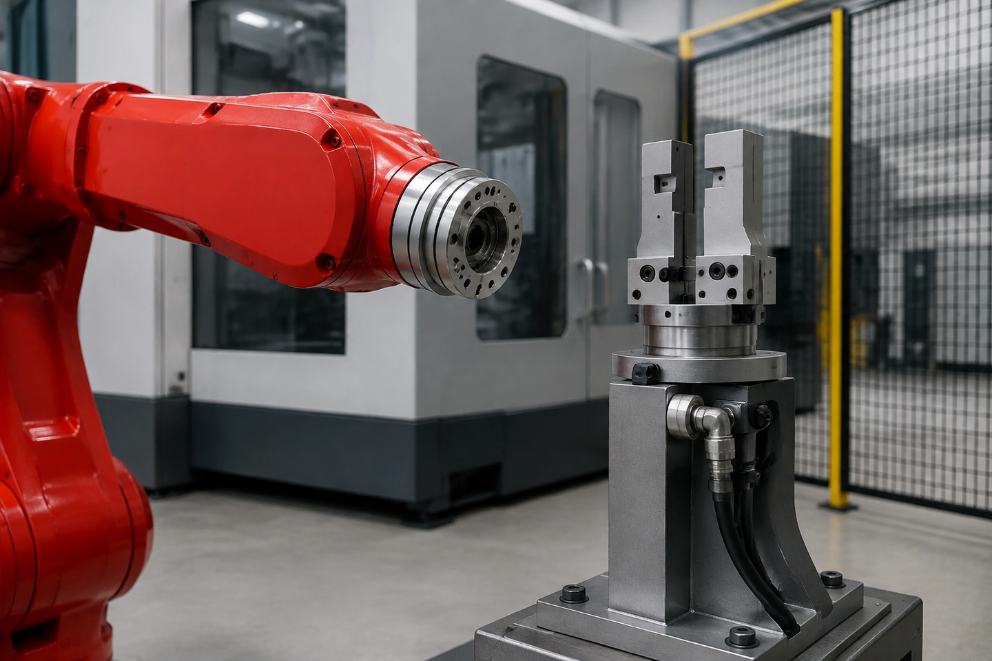 Application scenario illustration of a physically credible six-axis wrist, master-to-tool boundary, orderly service connections and a separately supported tool beside a CNC