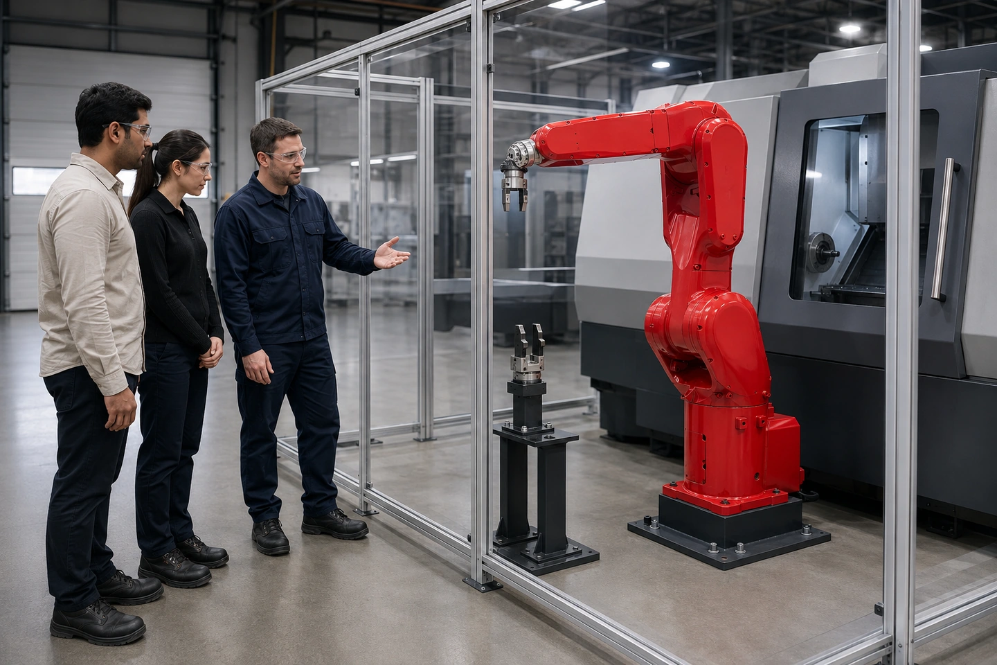 Application scenario illustration of generated adults discussing a six-axis robot quick-change tool interface beside a guarded CNC