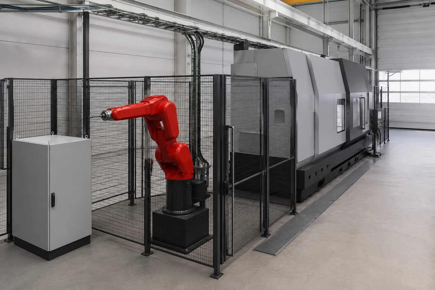 Minh họa bối cảnh ứng dụng về cell không có người với đế robot sáu trục, CNC, tủ, cửa bảo trì có lối phục vụ, giá cáp hoặc ống và sàn sạch