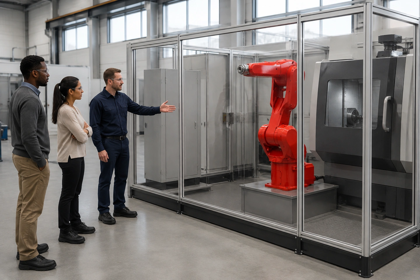 Minh họa bối cảnh ứng dụng về người được tạo hoàn toàn khảo sát vị trí robot sáu trục, tủ và lối bảo trì cho cell CNC