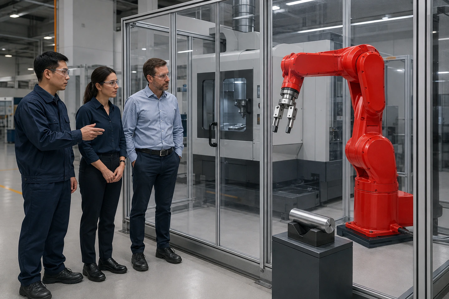 Application scenario illustration of fully generated, non-specific factory staff and adult international visitors viewing a stopped robot finger and tip area while a sample workpiece rests on a separate support outside the cell