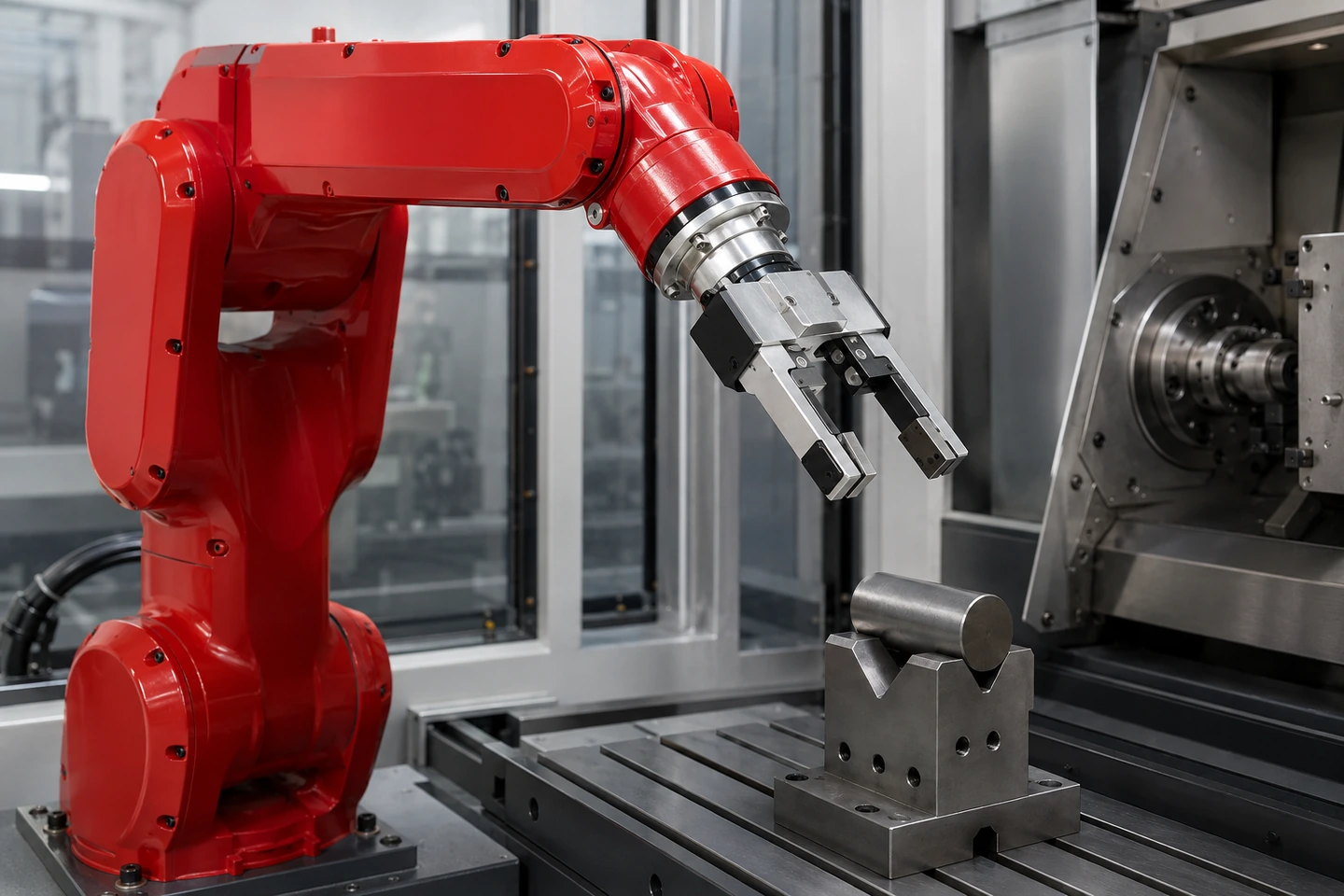 Application scenario illustration of two gripper fingers and tips, their contact surfaces and a separately supported workpiece under neutral inspection lighting