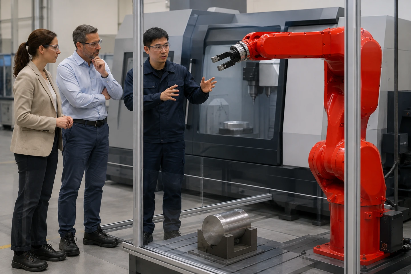 Application scenario illustration of generated adults discussing gripper fingers on a stopped six-axis CNC tending cell